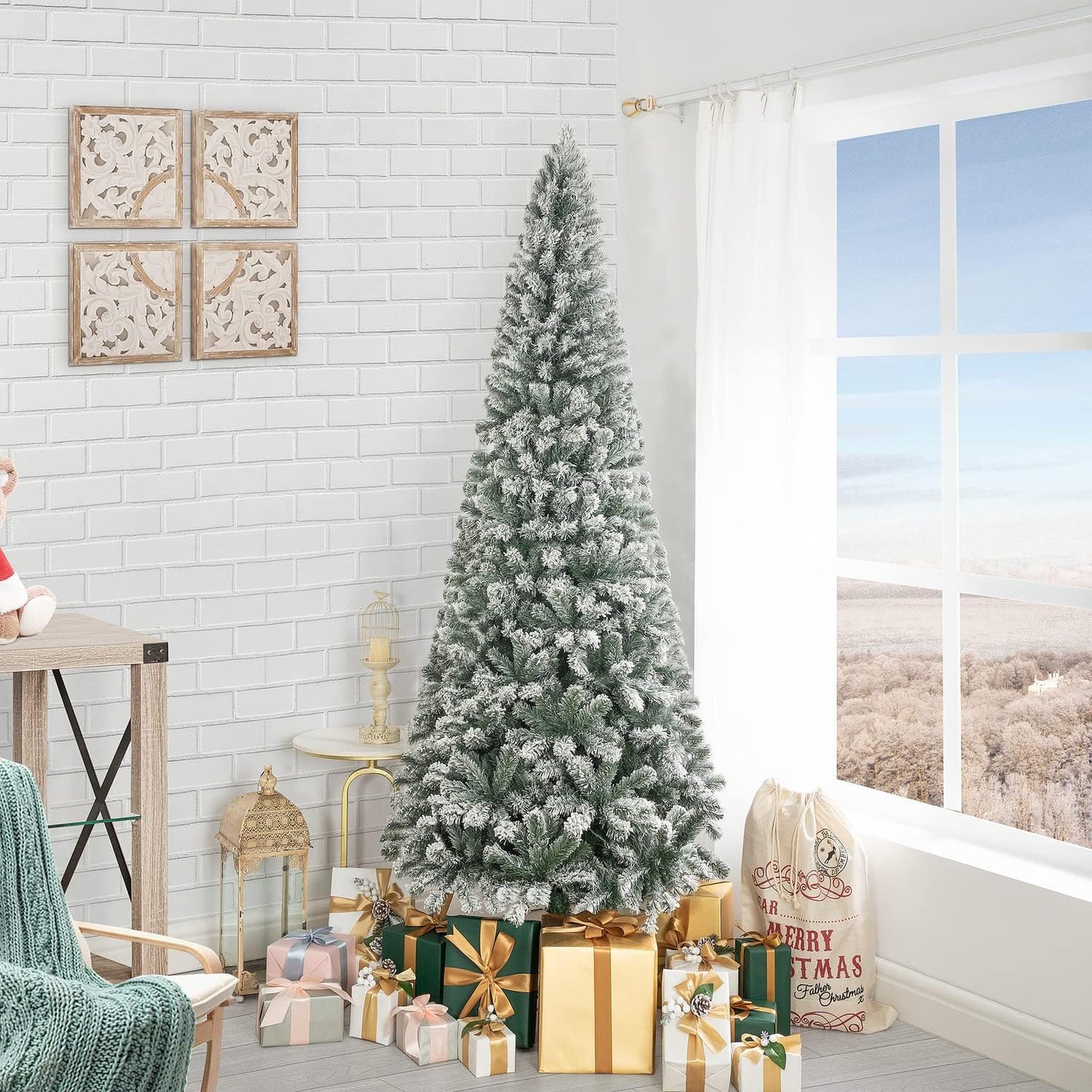 Naomi Home Salzburg 9ft Frosted Prelit Slim Artificial Christmas Tree with 1455 Branch Tips, 500 Warm Lights and Metal Stand, 37" Wide Realistic Snow Flocked Skinny Pencil Christmas Tree