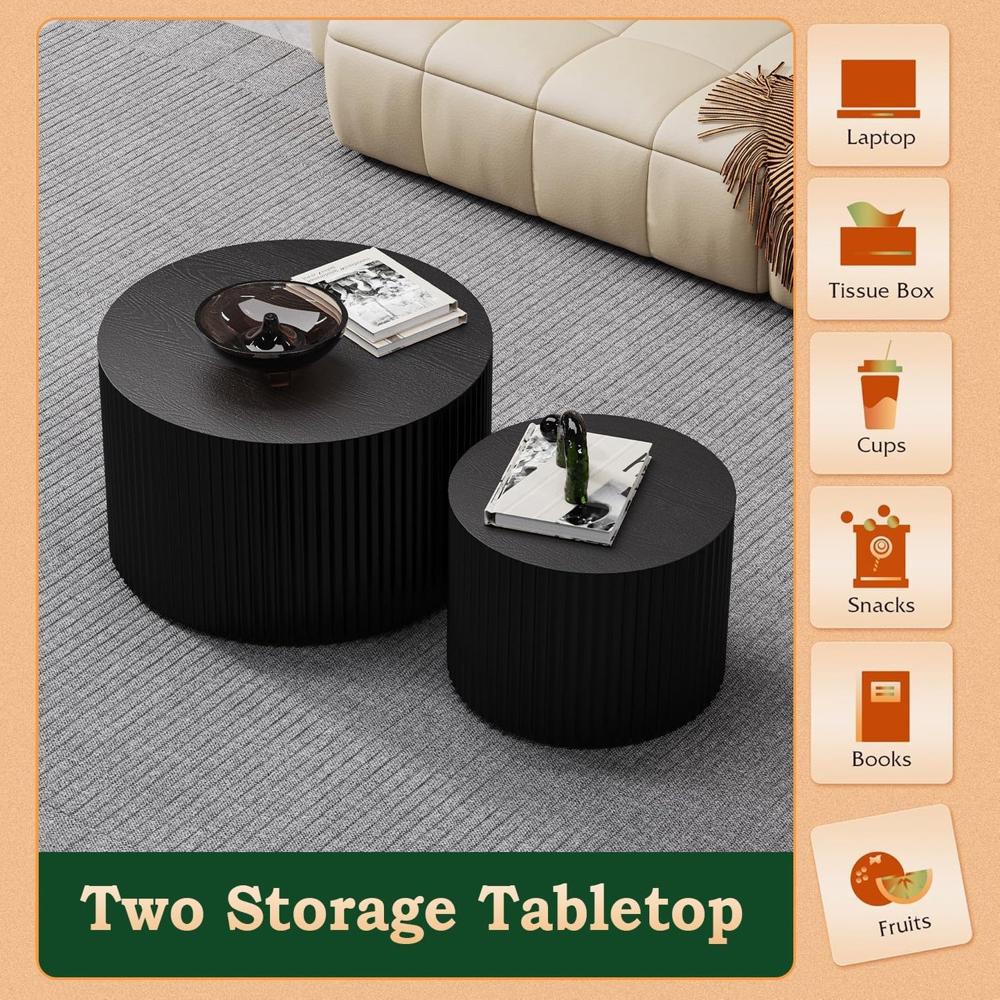 Round Nesting Coffee Table Modern Fluted Coffee Table Set of 2 Circle Drum Coffee Tables Small Round Accent Side End Table for Living Room No Assembly (Black A 27in)