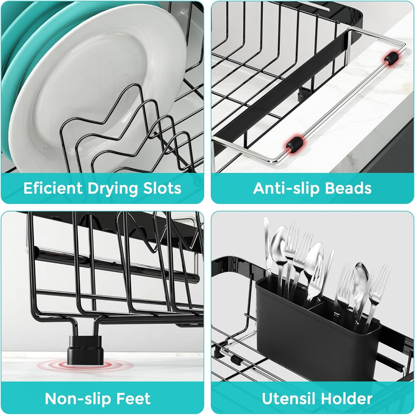 MAJALiS Dish Drying Rack in Sink -Expandable Stainless Steel Over Sink Dish Rack (11.3''-17''), Adjustable Capacity Dish Strainers for Kitchen Sink Counter with Utensil Holder, Black