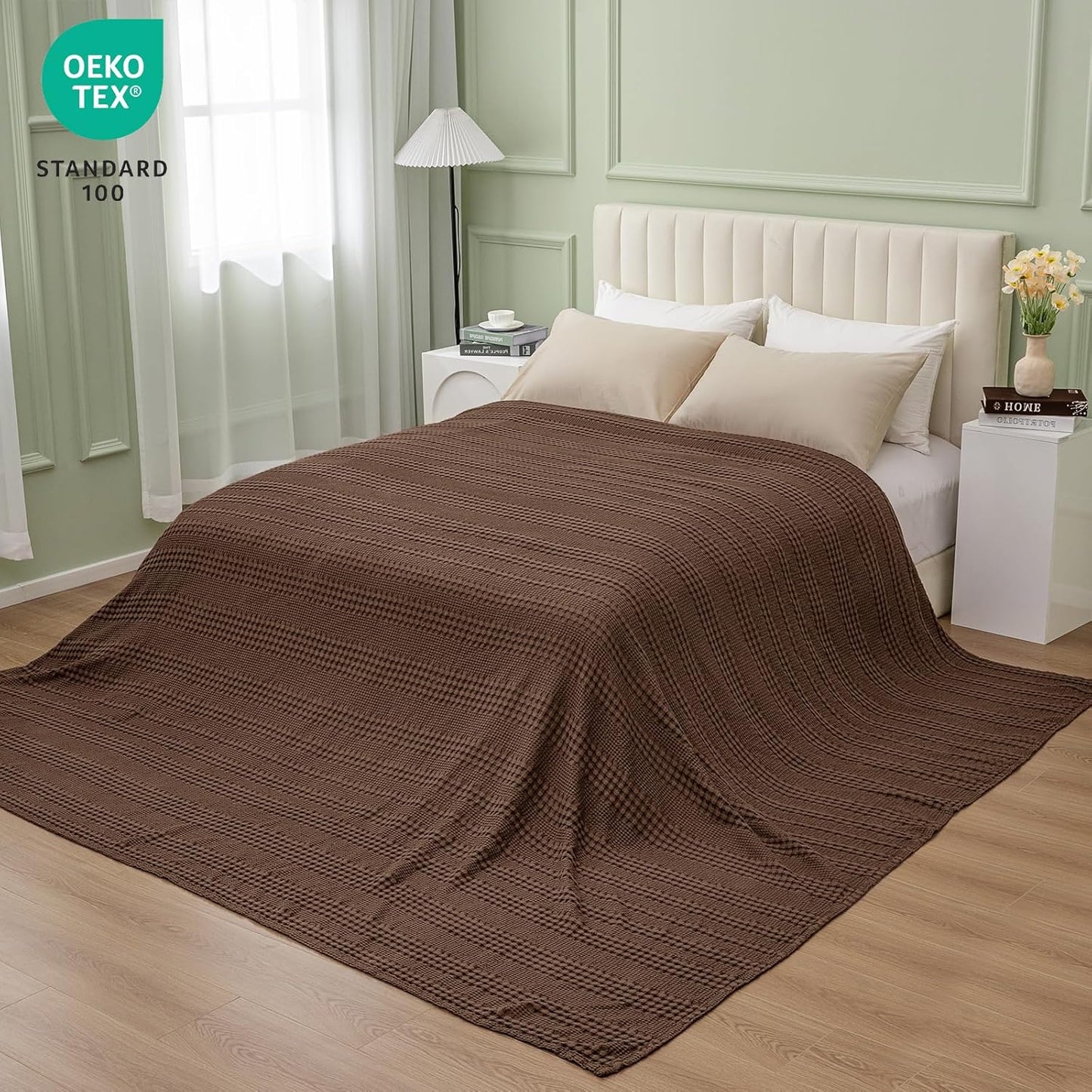PHF Cooling Waffle Blanket California King Size, Lightweight 60% Rayon Derived from Bamboo & 40% Cotton Breathable Blanket for Hot Sleepers, Soft and Luxury for Bed Couch Sofa, 110"x96", Cocoa Brown