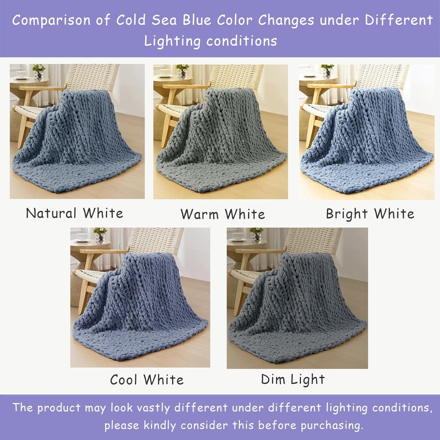 Bigacogo Chunky Knit Throw Blanket for Couch, 51x63 inches, 100% Hand Knitted with Thick Jumbo Chenille Yarn, Cozy Soft Large Rope Knot Cable Crochet Blankets for Sofa Bed Living Room, Cold Sea Blue