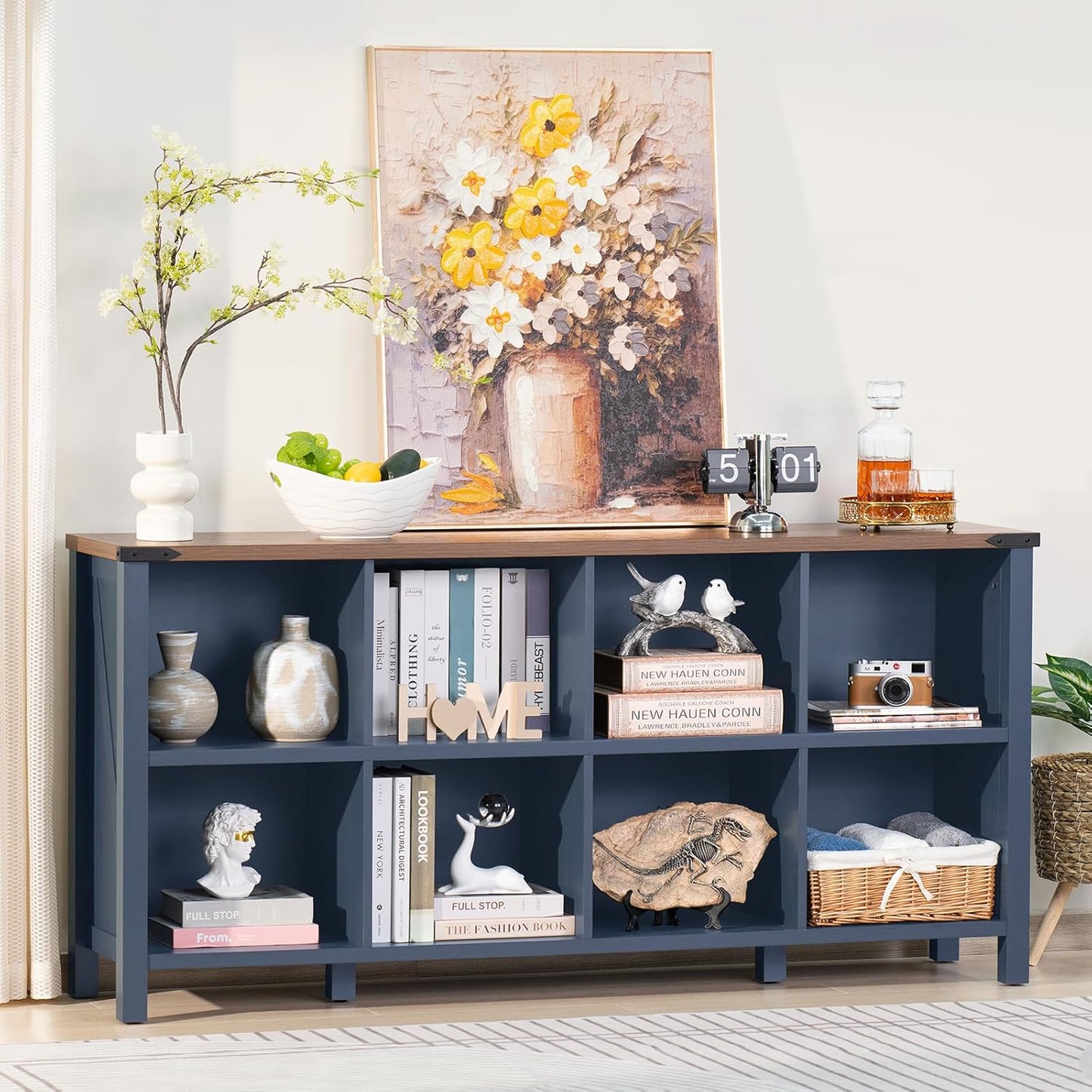 8 Cube Book Shelf, Farmhouse Wood Long Storage Organizer Bookcase, 62" Horizontal Navy Blue Console Closet Bookshelf, Hallway TV Stand for Entryway, Display Cabinet Book Case for Living Room