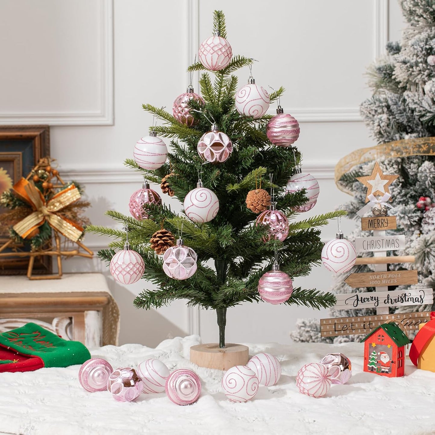 100Pcs Christmas Balls Ornaments Set, Shatterproof Christmas Decorations with Hand-held Gift Package for Xmas Tree/Holiday/Wedding/Holiday/Party Decor (Pink & White)