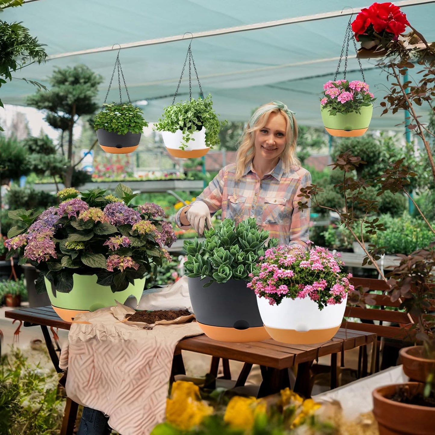 10 inch Hanging Planters for Indoor Outdoor Plants with Self-Watering Pots, 3 Pack Plastic Hanging Basket with Removable Tray for Home Garden Porch Balcony Patio Decor(White+Black+Green)