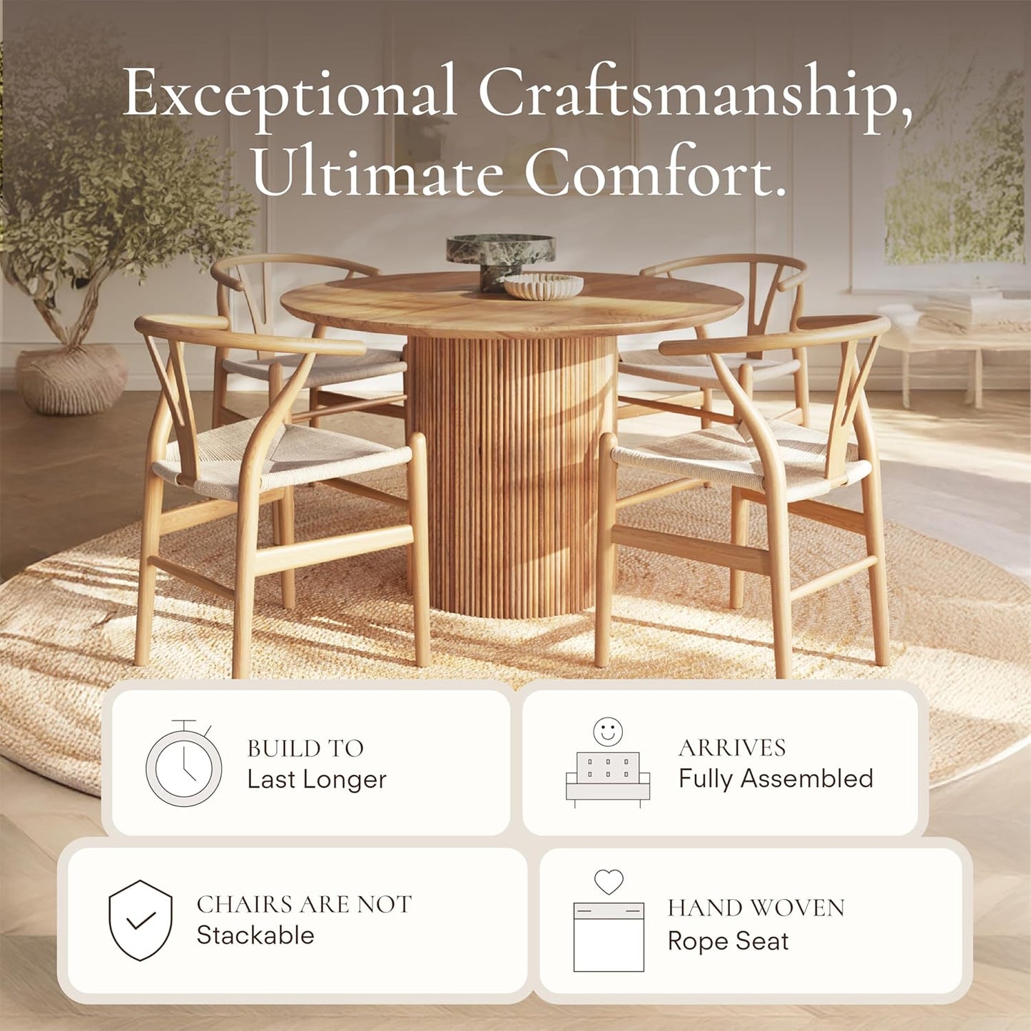 POLY & BARK Weave Dining Chairs – Mid-Century Modern Wishbone Dining Chairs with Arms, Solid Wood Frame, Indoor Use – Natural – Set of 2 - Ideal for Dining Room, Kitchen or Stylish Accent Setting