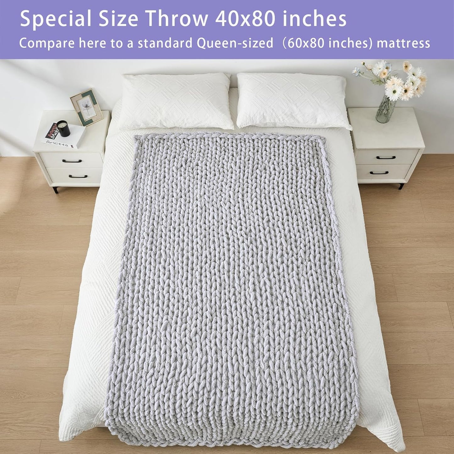 Bigacogo Chunky Knit Throw Blanket for Couch, 40x80 inches, 100% Hand Knitted with Thick Jumbo Chenille Yarn, Cozy Soft Large Rope Knot Cable Crochet Blankets for Sofa Bed Living Room, Light Grey