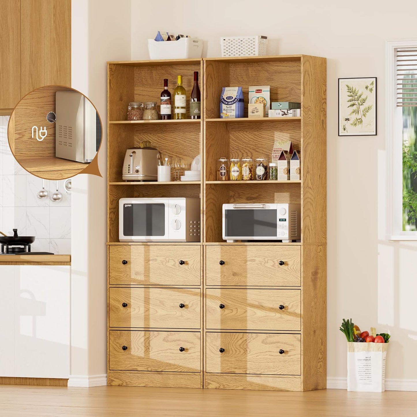 71" Tall Bookshelves Set of 2, Bookcases with Drawers, Bookshelves with Storage, Wooden Bookshelf with 3 Drawers & 3-Tier Open Shelves,Home Decor Furniture for Living Room,Bedroom,Home,Natural