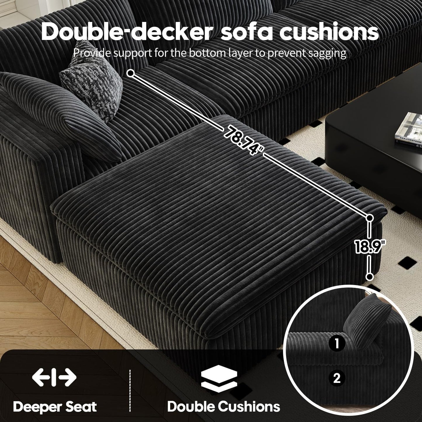 118" Cloud Couch Modular Sectional Sofa for Living Room,Modern Sofa with Deep Seat,L-Shape Boneless Couch with Ottoman,Comfy Upholstered Corduroy Couches for Apartment, Studio, Office,Bedroom,Black