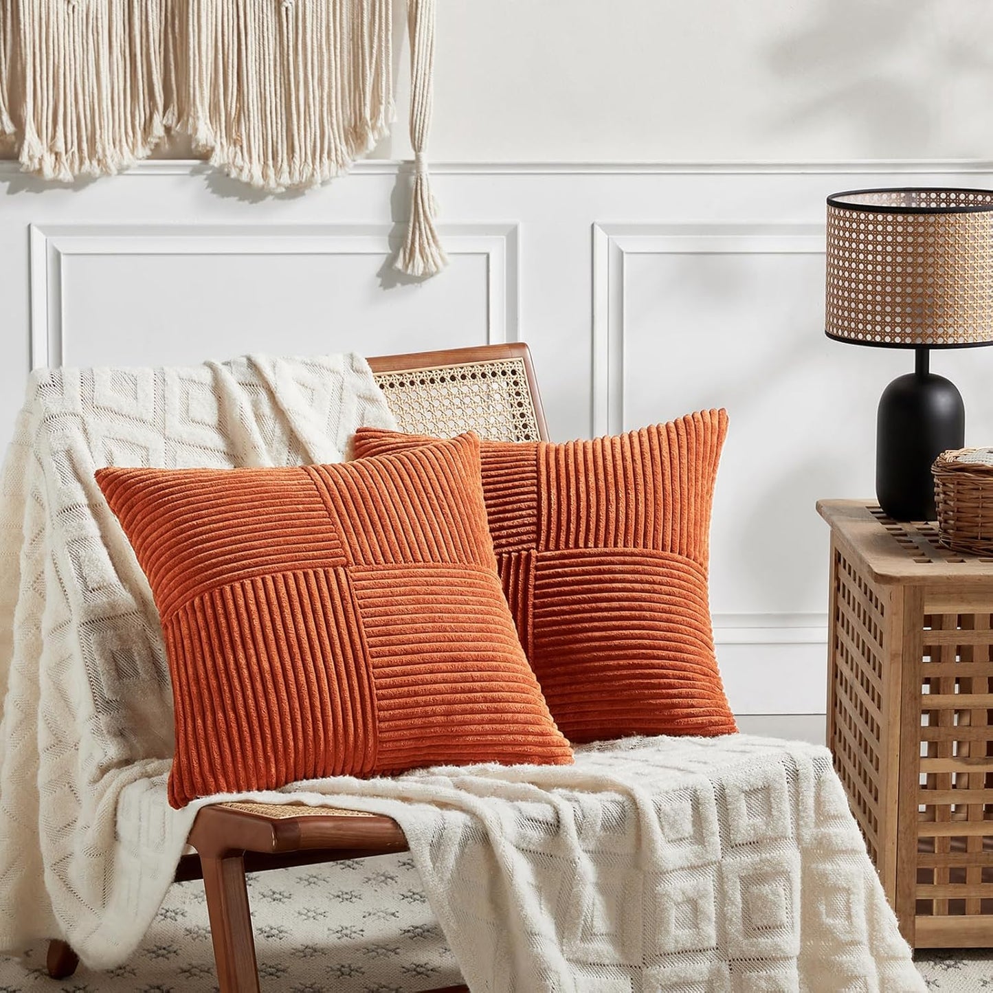 Fancy Homi Set of 2 Burnt Orange Decorative Throw Pillow Covers 26x26 Inch for Living Room Couch Bed, Boho Farmhouse Fall Home Decor, Soft Corss Corduroy Patchwork Textured Cushion Case 66x66 cm