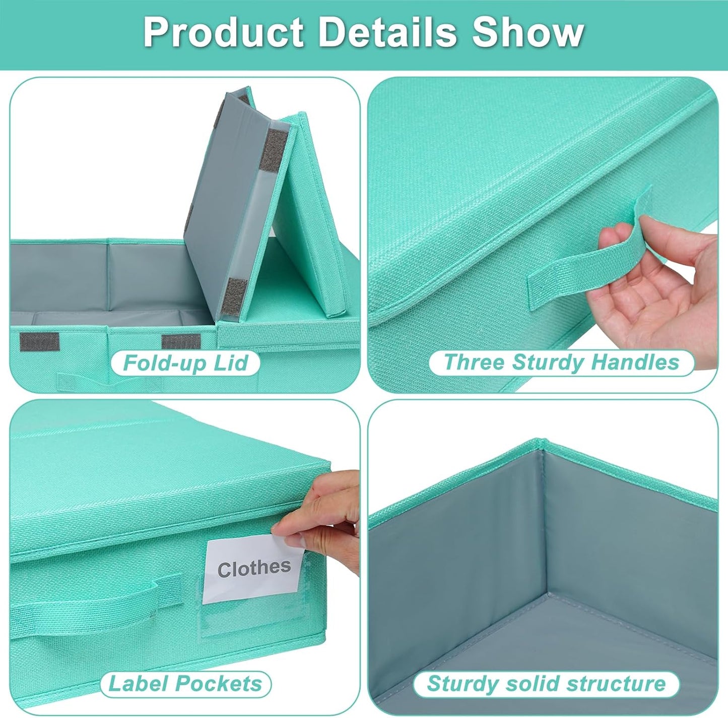 punemi Under Bed Storage With Lids, 2 Pack Large Underbed Storage Containers Clothes W/ 3 Handles, Foldable Low Profile Stackable Drawer Organizer Bins Box for Blanket Shoe,Tiffany Blue