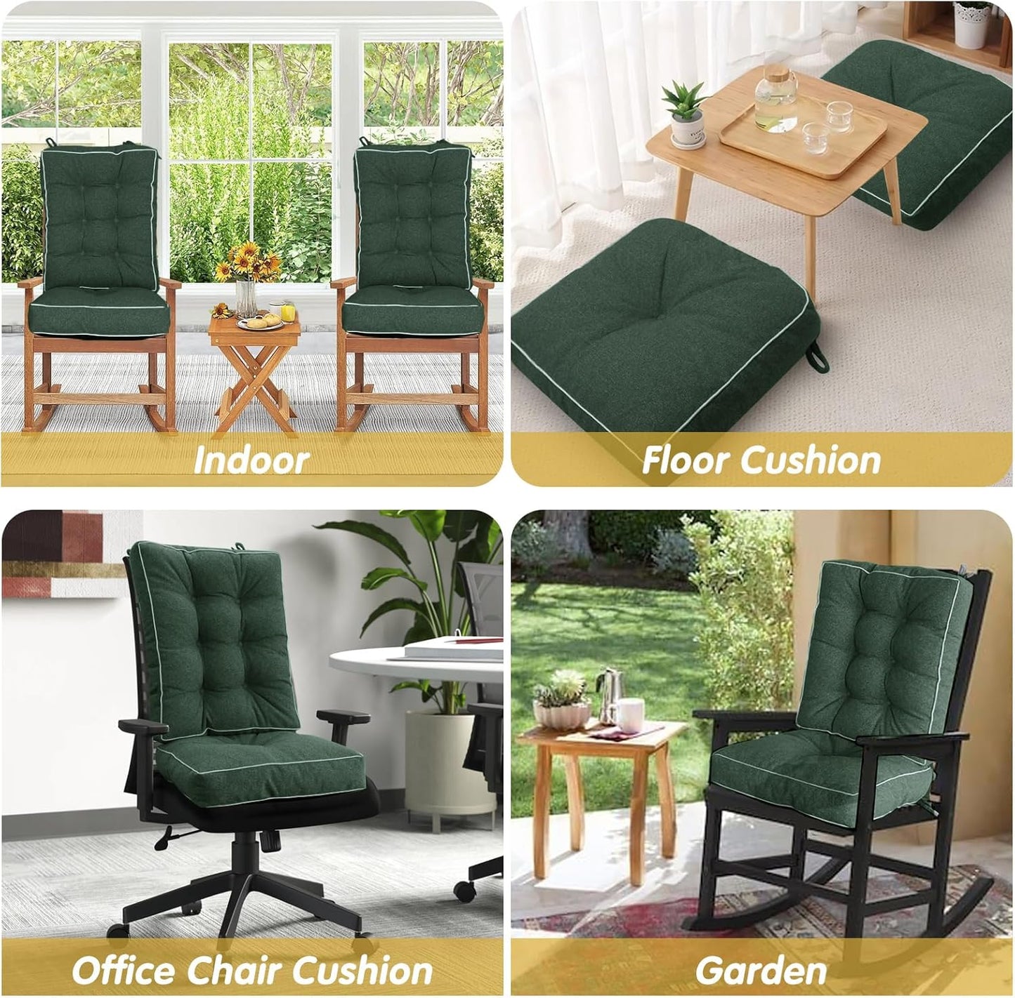 YZ HOME Rocking Chair Cushion, Set of Thicken Seat & Back Chair Cushions with Memory Foam, Non-Slip Chair Pad with Ties for for Indoor&Outdoor Rocker, Dark Green, 28 * 18 * 5/18x18x5