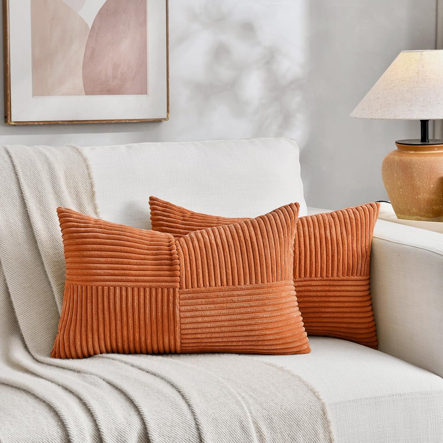 Fancy Homi 2 Packs Orange Long Lumbar Decorative Throw Pillow Covers 12x24 Inch for Couch Bed Sofa, Rustic Farmhouse Boho Home Decor, Soft Striped Corduroy Rectangle Accent Cushion Case 30x60 cm