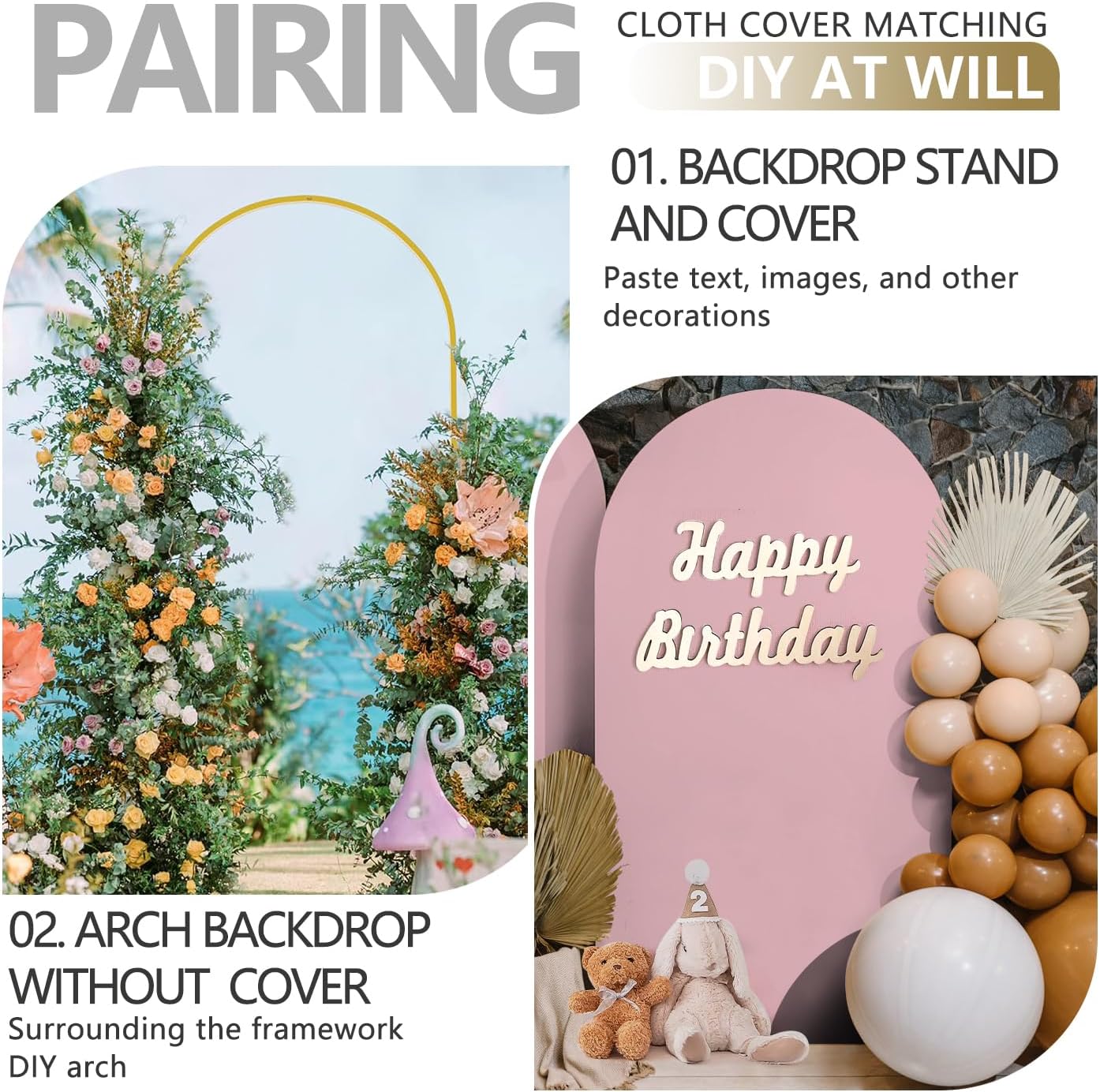 Arch Backdrop Stand and Cover Set, 3 Metal Balloon Arch Backdrop 4ft 5ft 6ft, Gold Arched Stand Frame for Wedding, Parties,Birthday, Backdrop Decorations (Pale Pink,4ft+5ft+6ft)