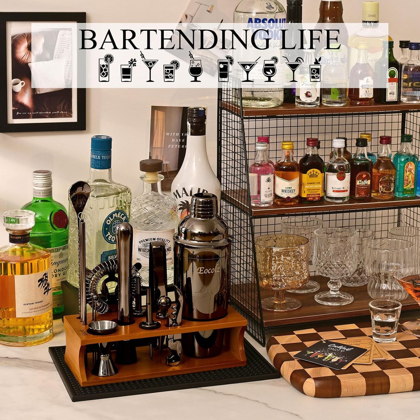 Bartender Kit Cocktail Shaker Set with Stand Bar Tool Bar Set for Drink Mixing Home Bartending Kit 17-Piece Bar Cart Accessories: Martini Shaker, Mixer Spoon, Jigger, Muddler, Strainer & Recipes Gifts