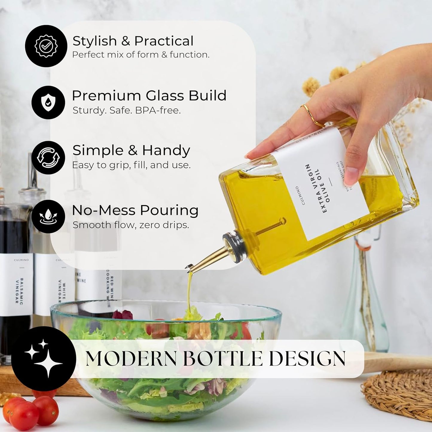 Premium Glass Olive Oil Dispenser Bottle 350ml | Cooking Oil and Vinegar Dispenser Set of 2 | Oil Dispenser for Kitchen with 2 Gold Pourers, Funnel, Brush & 36 Labels