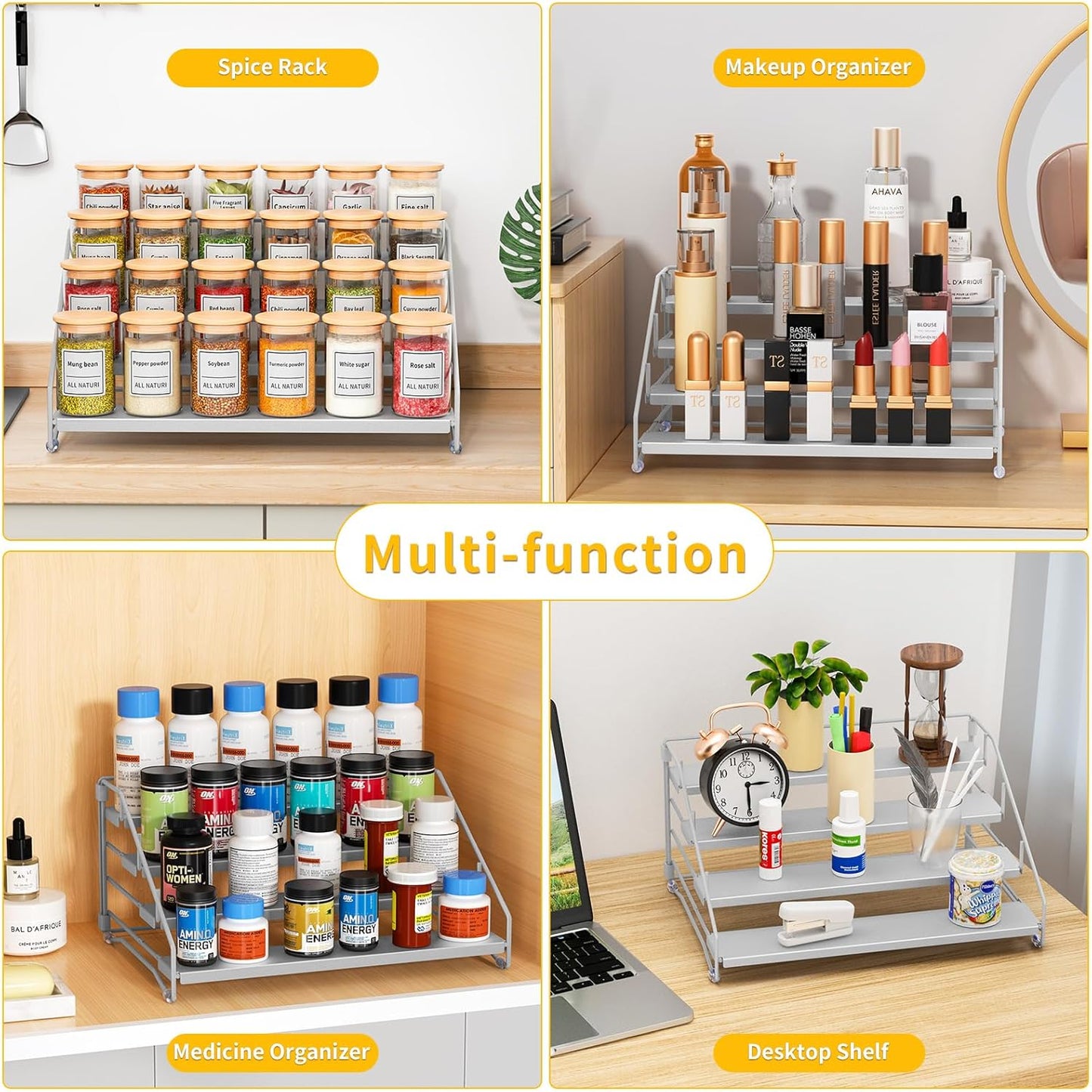 RCHYFEED 4 Tier Spice Rack Organizer, Spice Organization for Cabinet,Pantry, Countertop,Tiered Spice Rack Easy Visibility,Depth Expandable Seasoning Shelf for Kitchen Cabinet Organizer,Silver