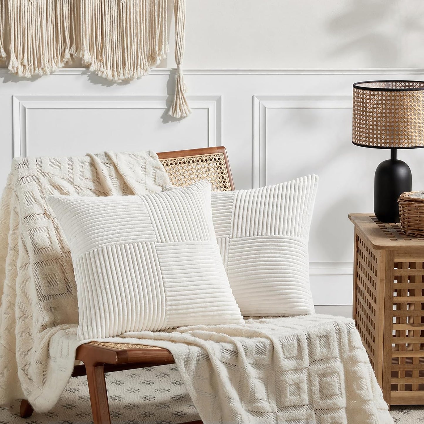 Fancy Homi 2 Packs Cream White Decorative Throw Pillow Covers 20x20 Inch for Living Room Couch Bed Sofa, Farmhouse Boho Home Decor, Soft Corss Corduroy Patchwork Accent Square Cushion Case 50x50 cm