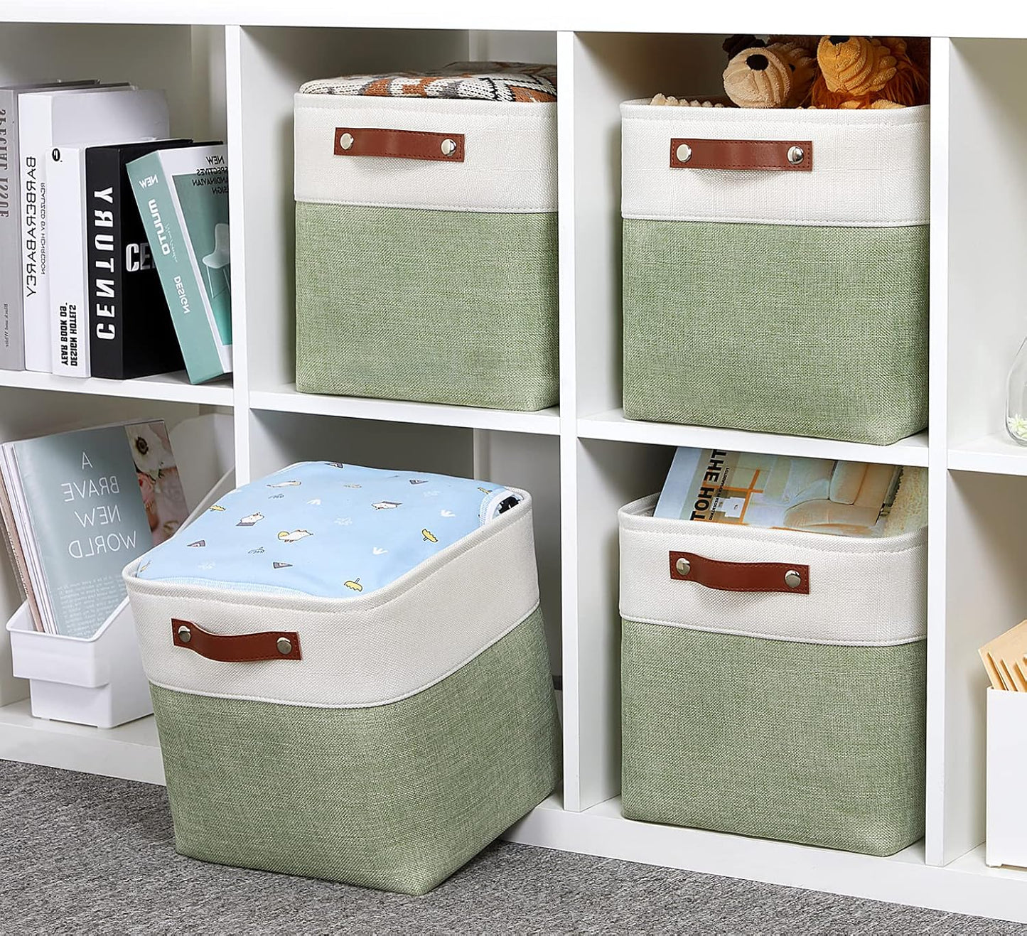 DULLEMELO Storage Baskets for Organizing, Fabric Storage Cubes for Dog Toy Box, 11 Inch Decorative Cube Storage Bins with handle for Baby Gift Basket(4 Pack - 11" White&Green)