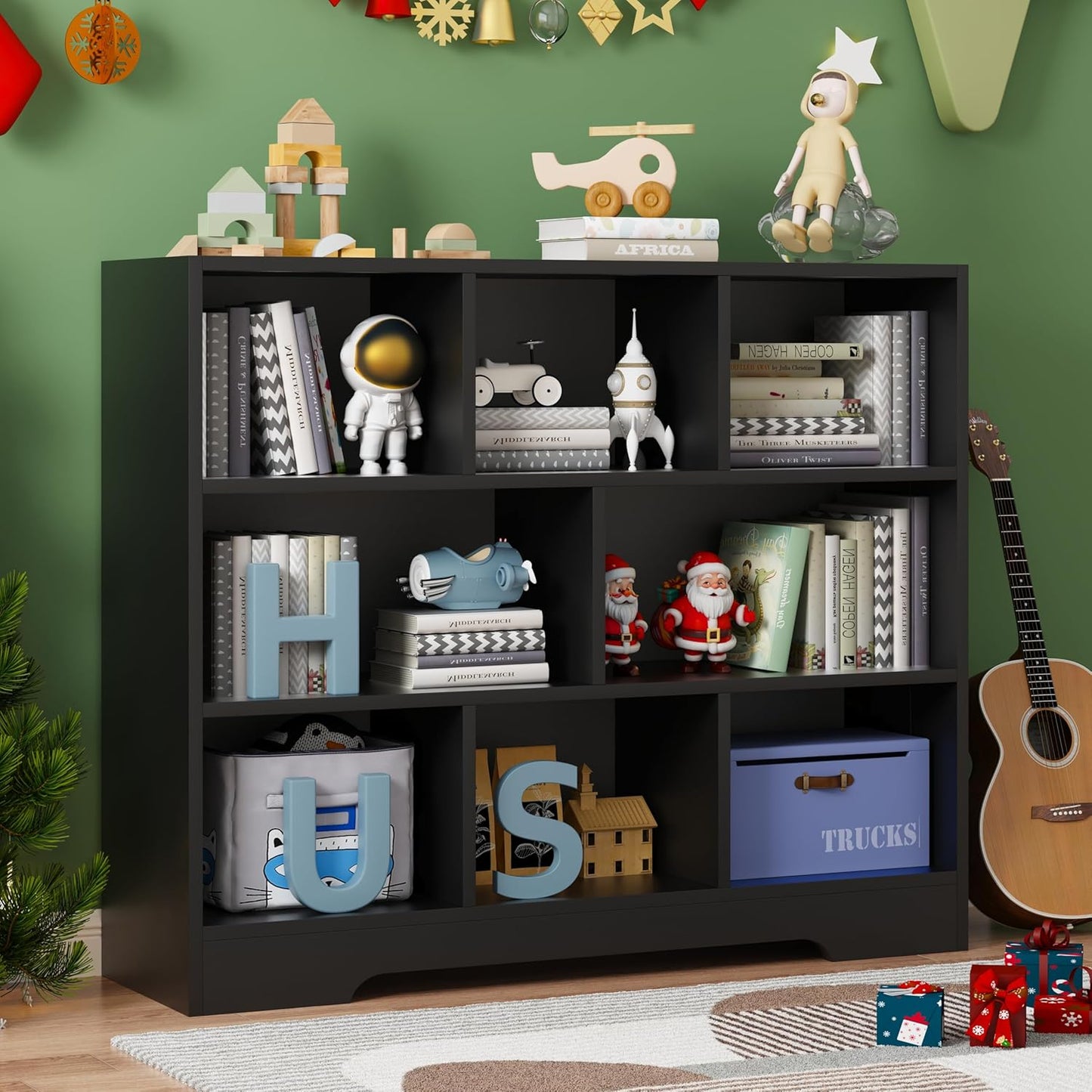 Book Shelf, 8 Cubes Storage Organizer, Freestanding Black Bookshelf Cube Shelf for Bedroom, Living Room, Home Office, 3-Tier Open Shelf Wooden Bookcase