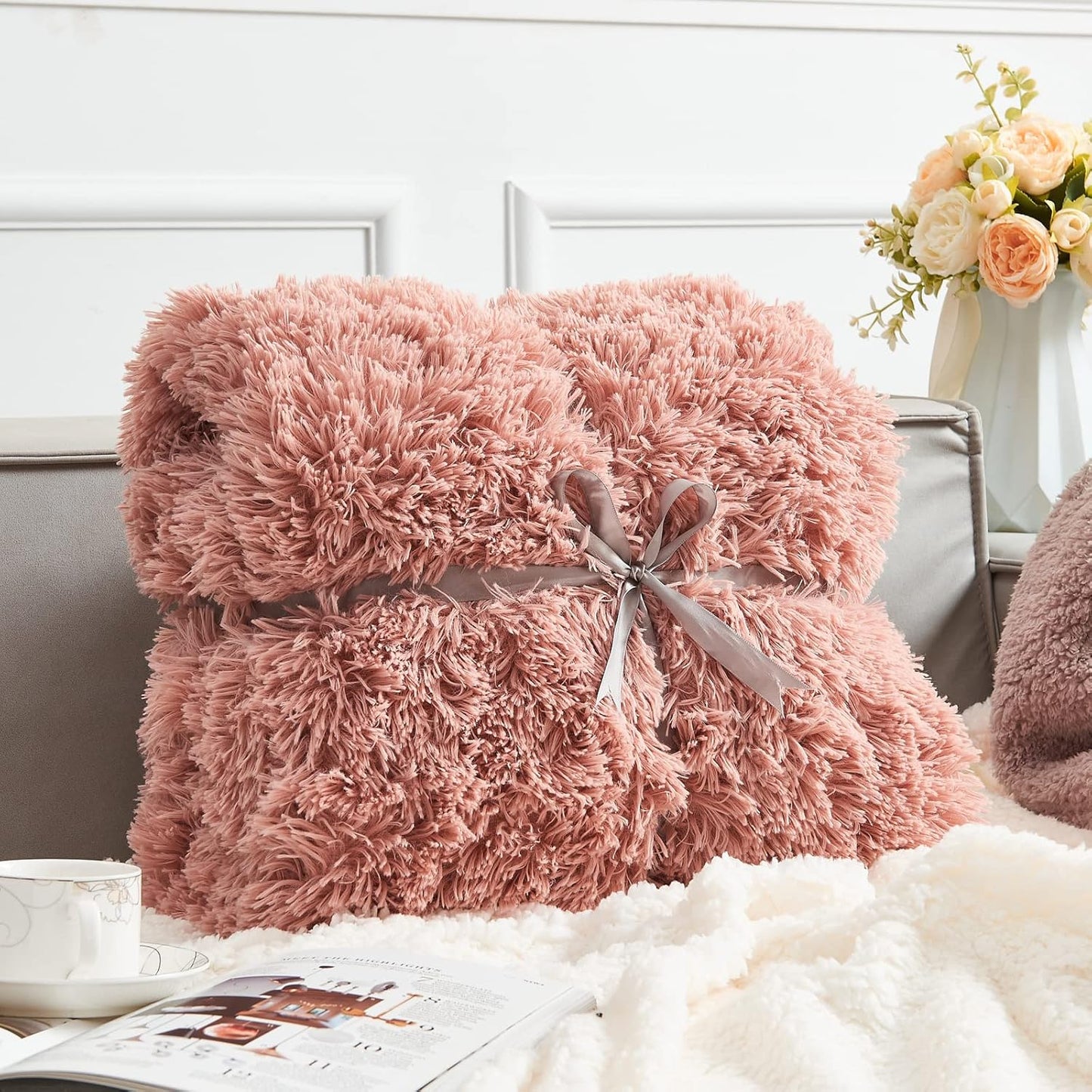 GONAAP Fuzzy Faux Fur Throw Blanket Pink Super Soft Cozy Plush Fuzzy Shaggy Blanket for Couch Sofa Bed (Pink, Throw(40"x50"))