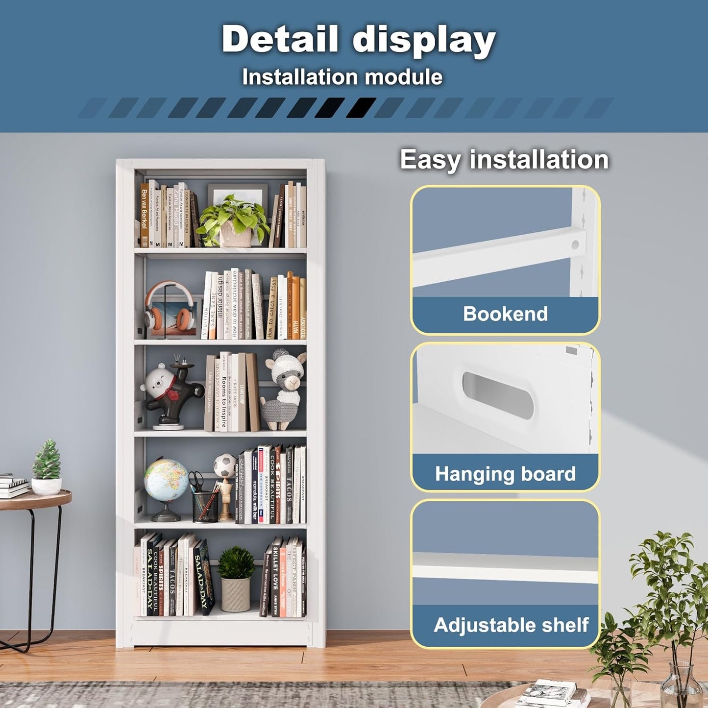 5-Tier Metal Bookshelf, 69" Tall Bookcase, Adjustable Bookshelves with Deep Display Shelves, Heavy Duty Book Shelf, Open Book Cases for Living Room, Home, Office, Library, Garage (White)