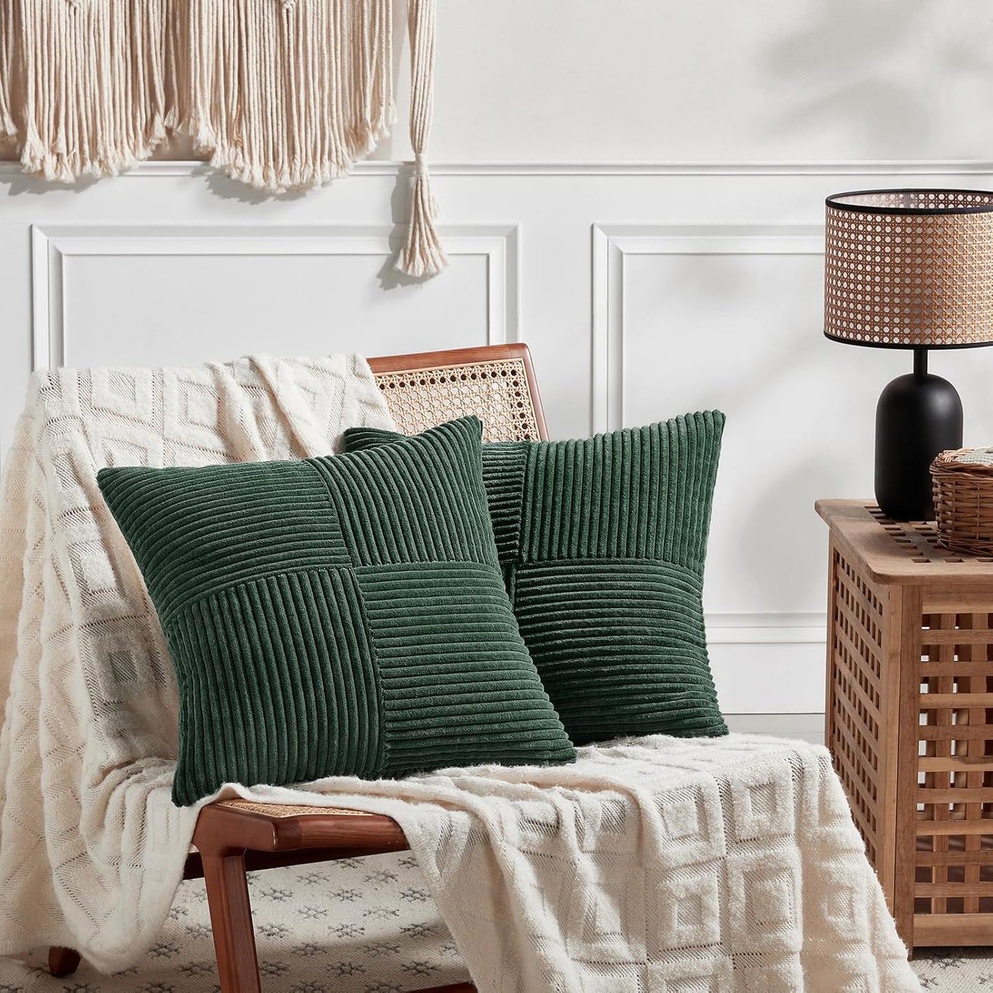 Fancy Homi Set of 2 Dark Green Decorative Throw Pillow Covers 16x16 Inch for Living Room Couch Bed, Boho Farmhouse Forest Green Home Decor, Soft Corss Corduroy Patchwork Textured Cushion Case