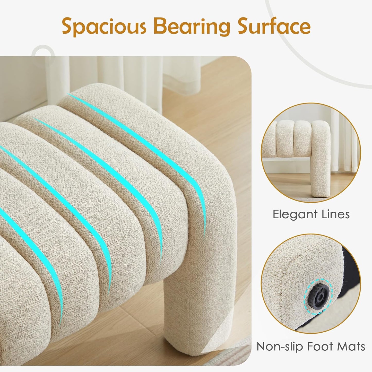 43.3" Bedroom Bench, Upholstered Entryway Bench, Modern End of Bed Ottoman with Solid Wood Legs and Adjustable Foot Pegs for Entryway, Dining Room and Living Room (Beige Linen)