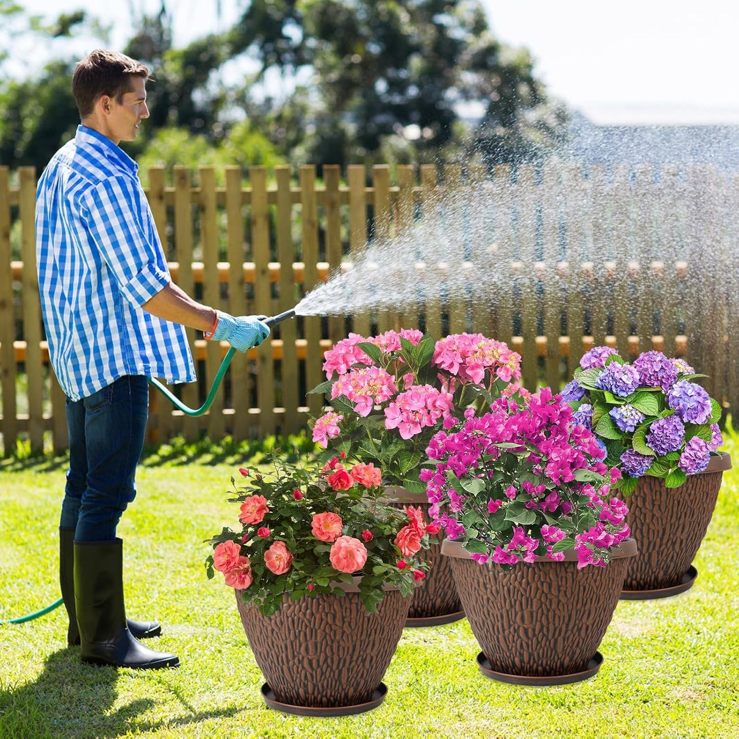 16 Inch Large Outdoor Plant Pot, 4 Pack Thickened Flower Pots with Drainage Holes & Saucer, Pebbles Pattern Design Tree Planters Outdoor for Garden Porch Home