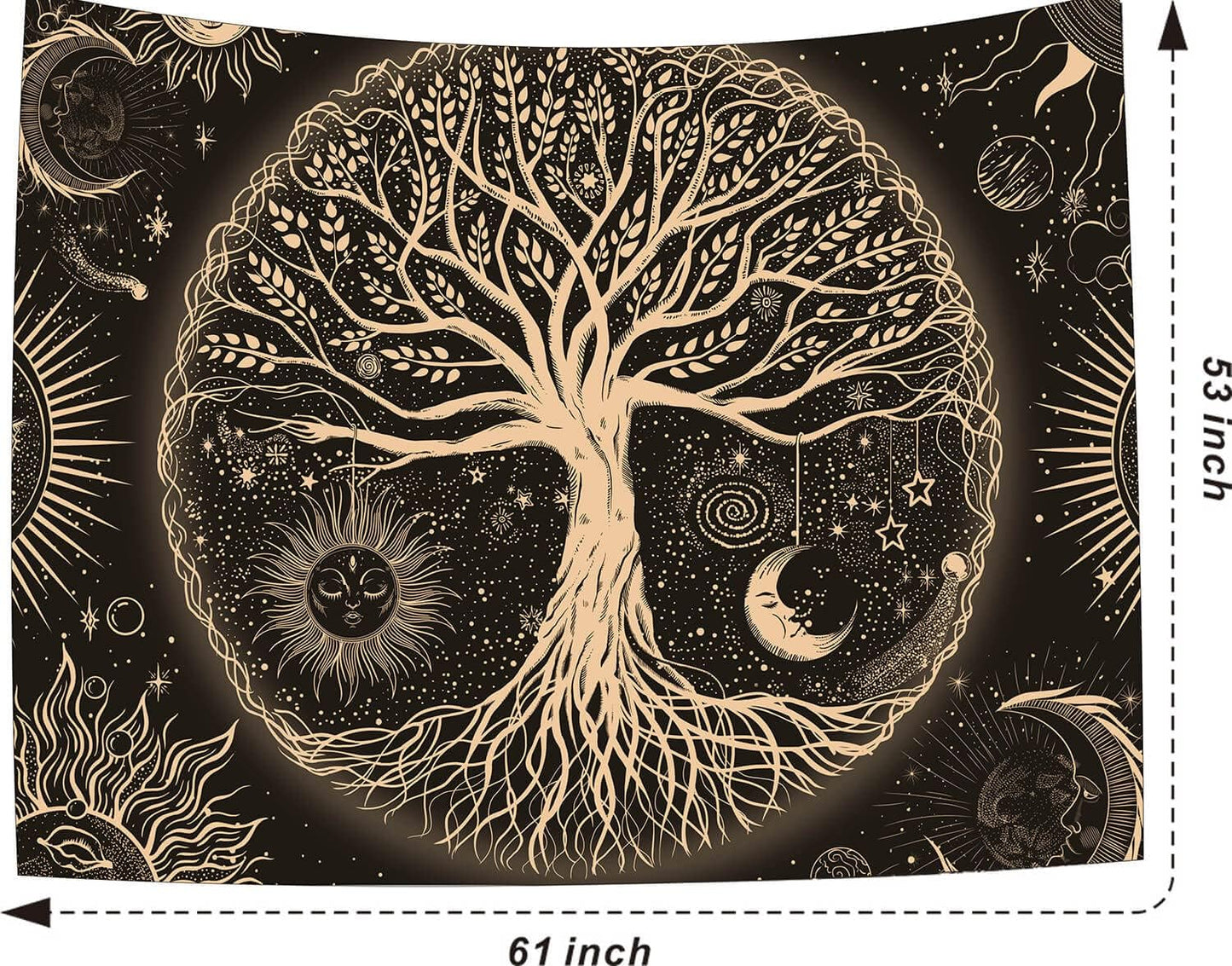 FORATER Tree of Life Tapestry Wall Hanging Sun Moon Stars Tapestries Aesthetic Galaxy Wall Tapestry Nature Home Decoration for Living Room Bedroom(53 x 61 Inch, Black and Gold)