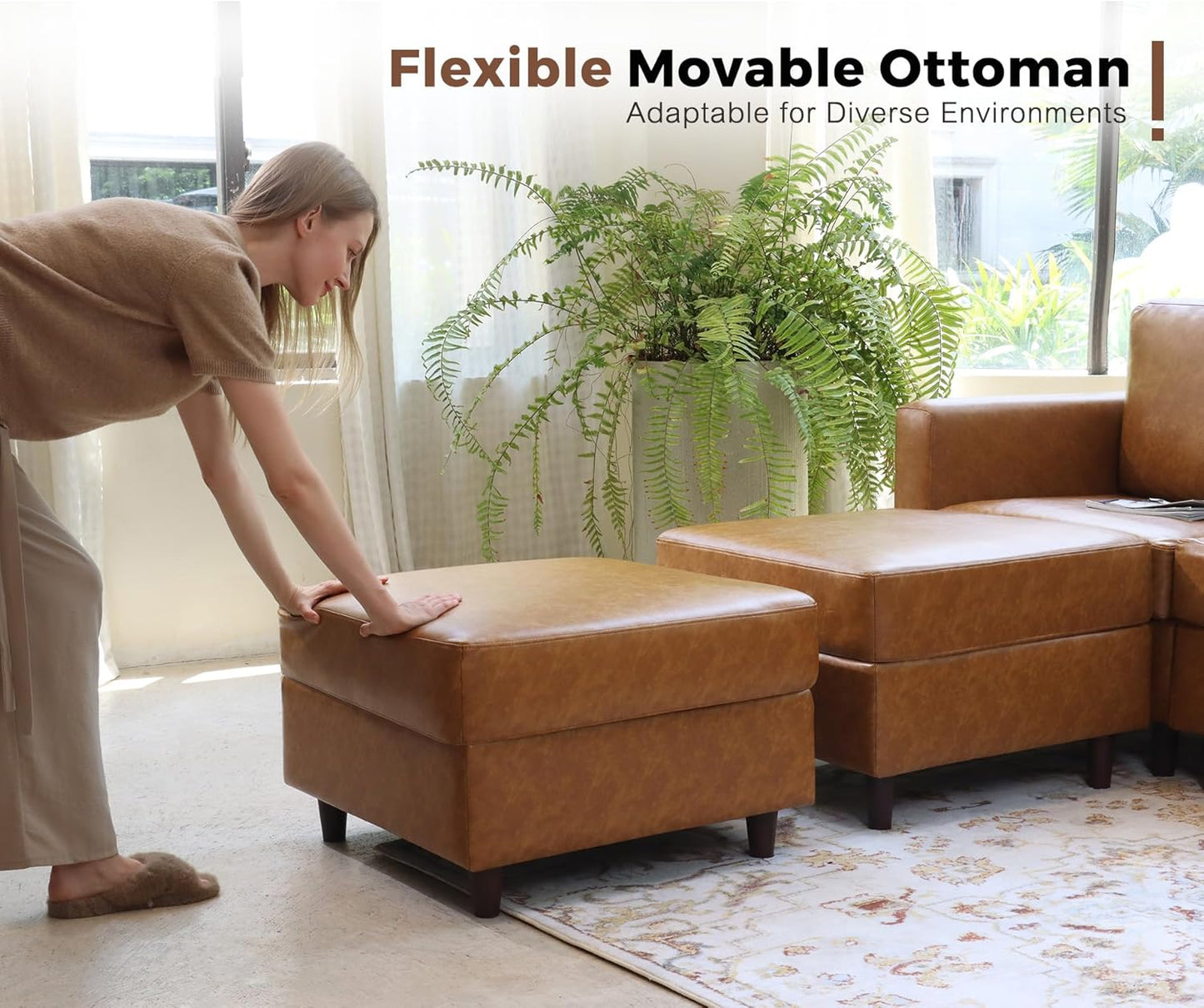 91.5" Faux Leather U Shaped Modular Sectional Sofa, 5 Seater Couch with Movable Ottoman Deep Seat and Storage Seat with Removable Cover for Living Room, Apartment - Brown