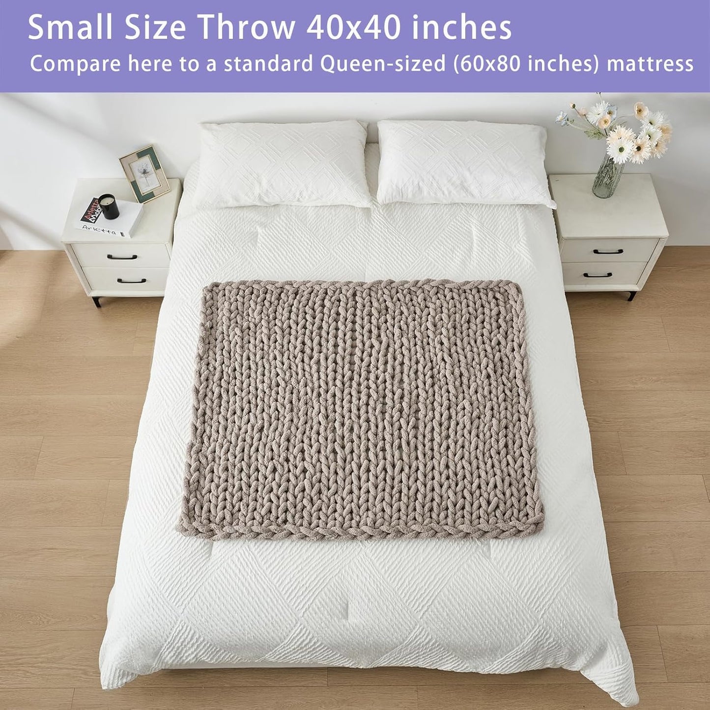 Bigacogo Chunky Knit Throw Blanket for Couch, 40x40 inches, 100% Hand Knitted with Thick Jumbo Chenille Yarn, Cozy Soft Large Rope Knot Cable Crochet Blankets for Sofa Bed Living Room, Taupe