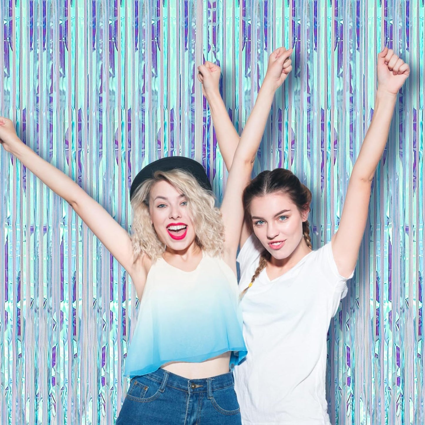 3 Pack 3.3x8.2 Feet Neon Iridescent Foil Fringe Backdrop Curtains, Tinsel Streamers Birthday Party Decorations, Fringe Backdrop for Graduation, Baby Shower, Gender Reveal, Disco Party