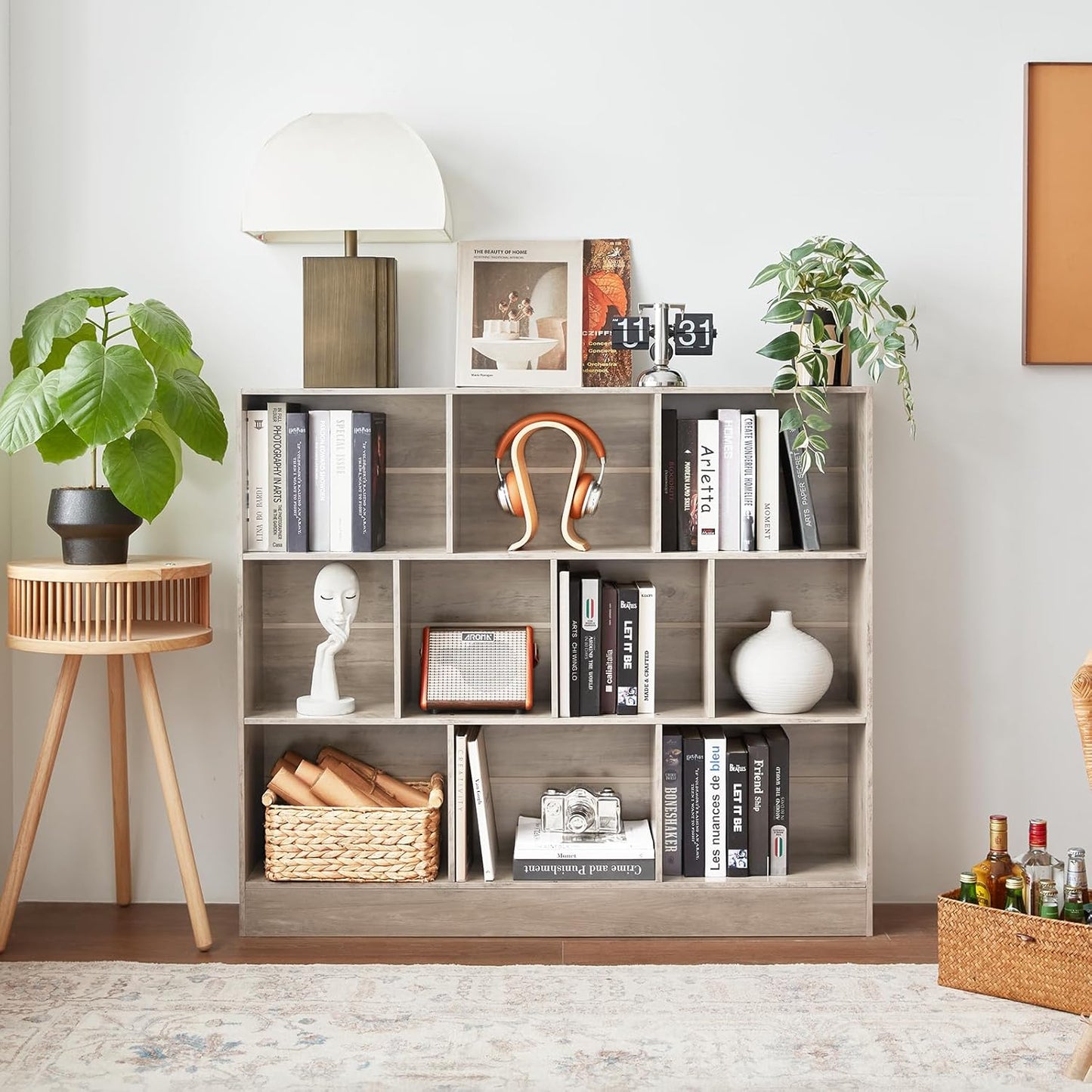 LEYAOYAO 10 Cube Bookshelf with Base,3 Tier Mid-Century Modern Grey Bookcase,Standing Wide Bookshelves Storage Organizer Shelf,Rustic Wood Display Cabinet Book Shelves for Bedroom,Living Room,Office