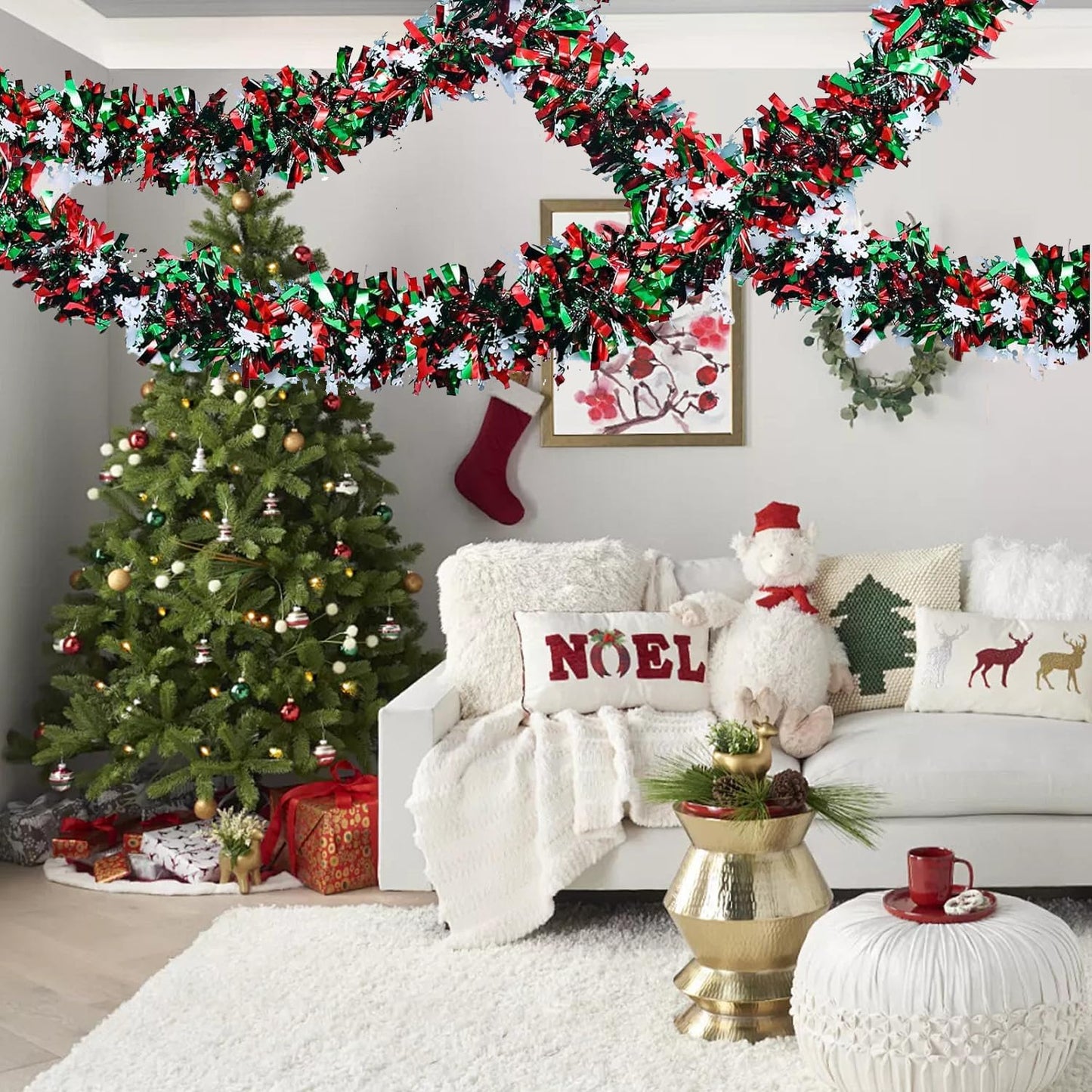 50 Feet Green Red Christmas Metallic Tinsel Twist Hanging Garland with Snowflake for Home Mantle Xmas Tree Staircase Railing New Year Holiday Party Indoor Outdoor Decorations