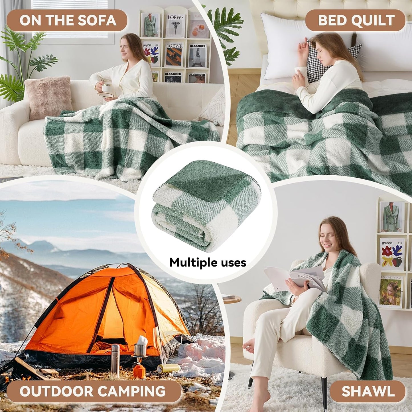 LURKA Checkered Sherpa Fleece Twin-Size Bed Blanket - Extra Thick and Warm Winter Soft Fuzzy Plush Blanket for Couches, Beds & Pets, Sage, 60x80 Inches