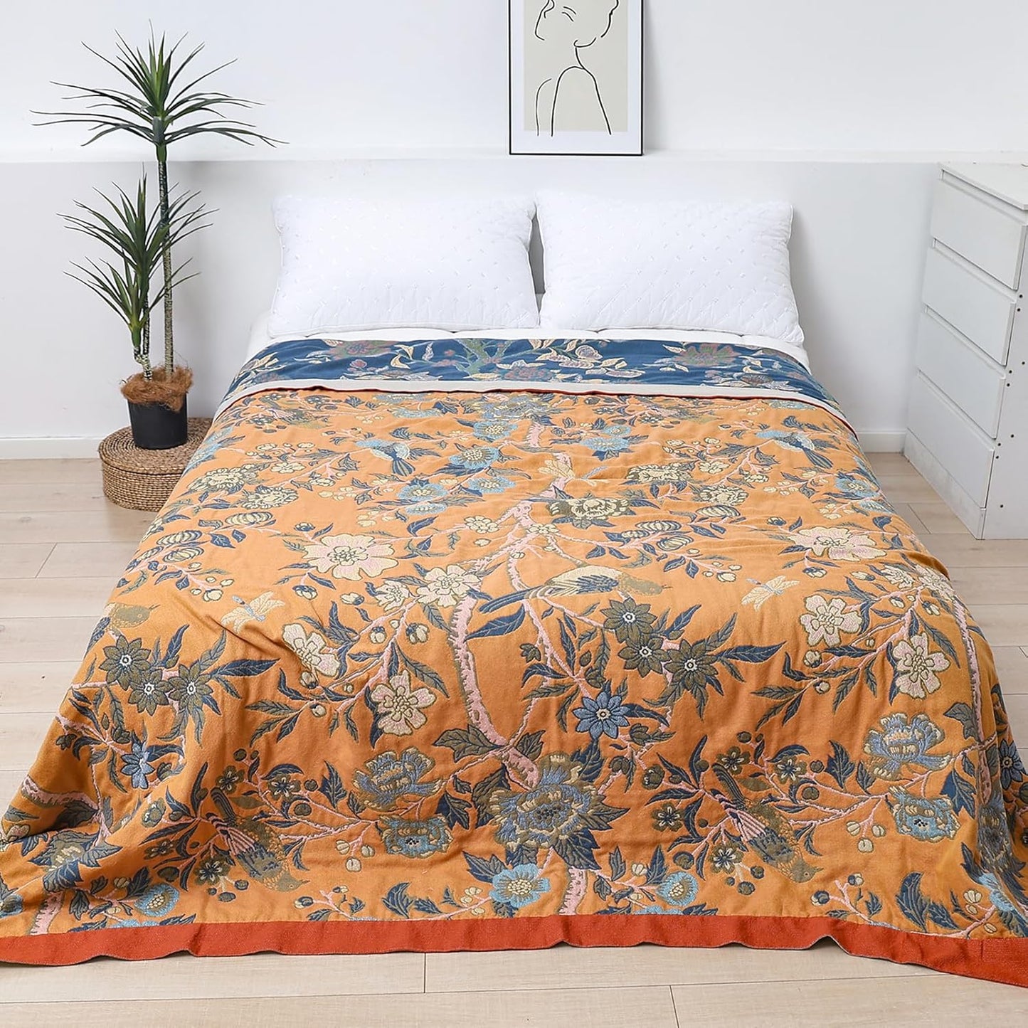Snycler Boho Throw Blanket for Bed - 100% Cotton Ultra Soft Rustic Quilt Blanket Orange Bird Floral Printed Farmhouse Decor Bed Blankets, 80"×90" All Season Rustic Throw for Sofa Couch Chair
