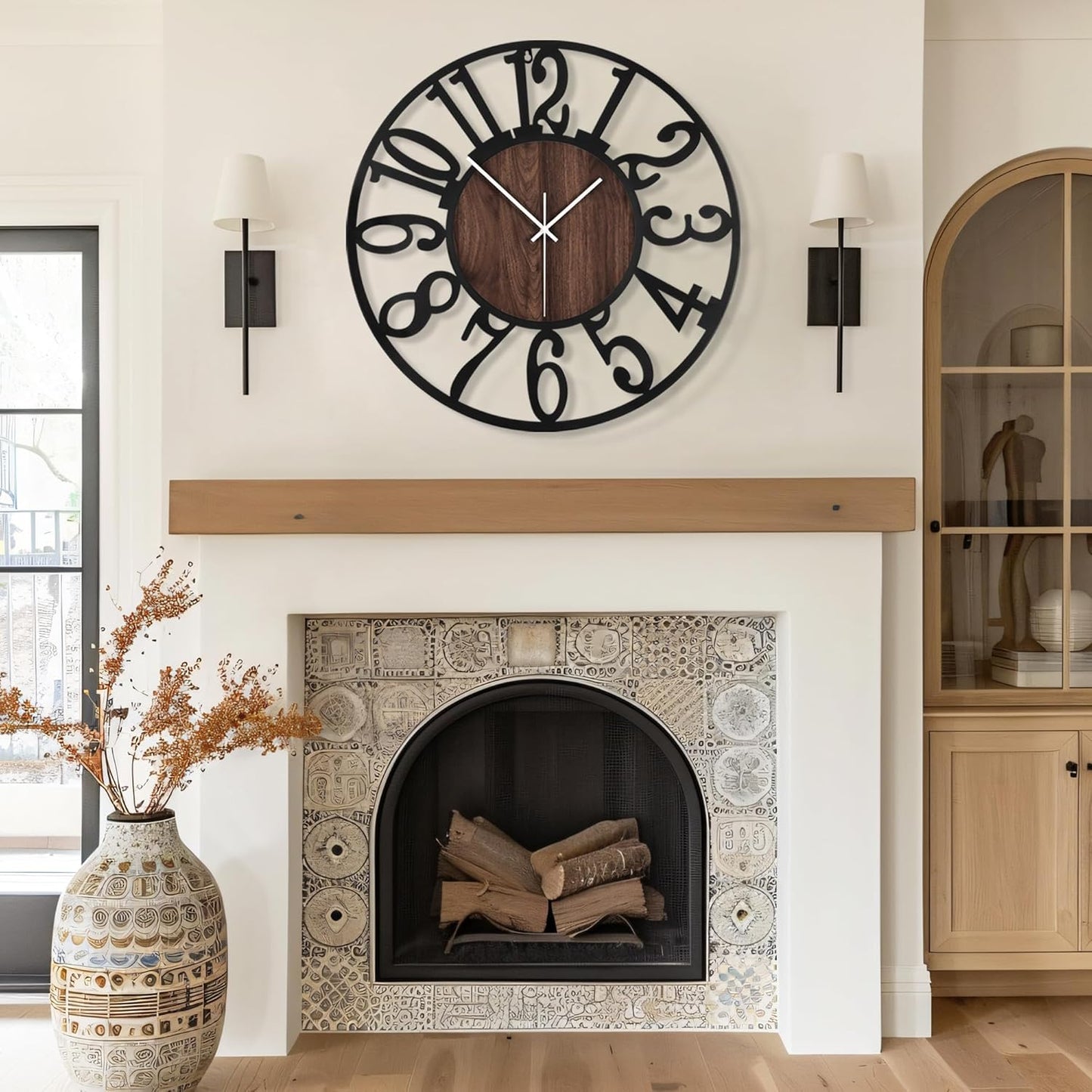 Maxstar Round Wall Clock for Living Room Decor Battery Operated Non Ticking Black Metal Wood Clocks for Home Living Room Garden Office Kitchen Decoration -16 inch