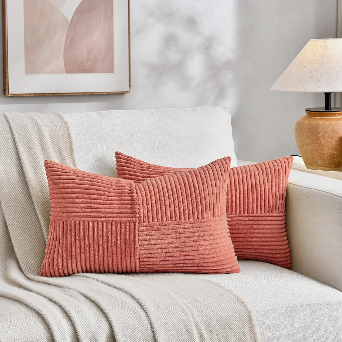 Fancy Homi 2 Packs Coral Long Lumbar Decorative Throw Pillow Covers 12x24 Inch for Couch Bed Sofa, Rustic Farmhouse Boho Home Decor, Soft Striped Corduroy Rectangle Accent Peach Cushion Case 30x60 cm
