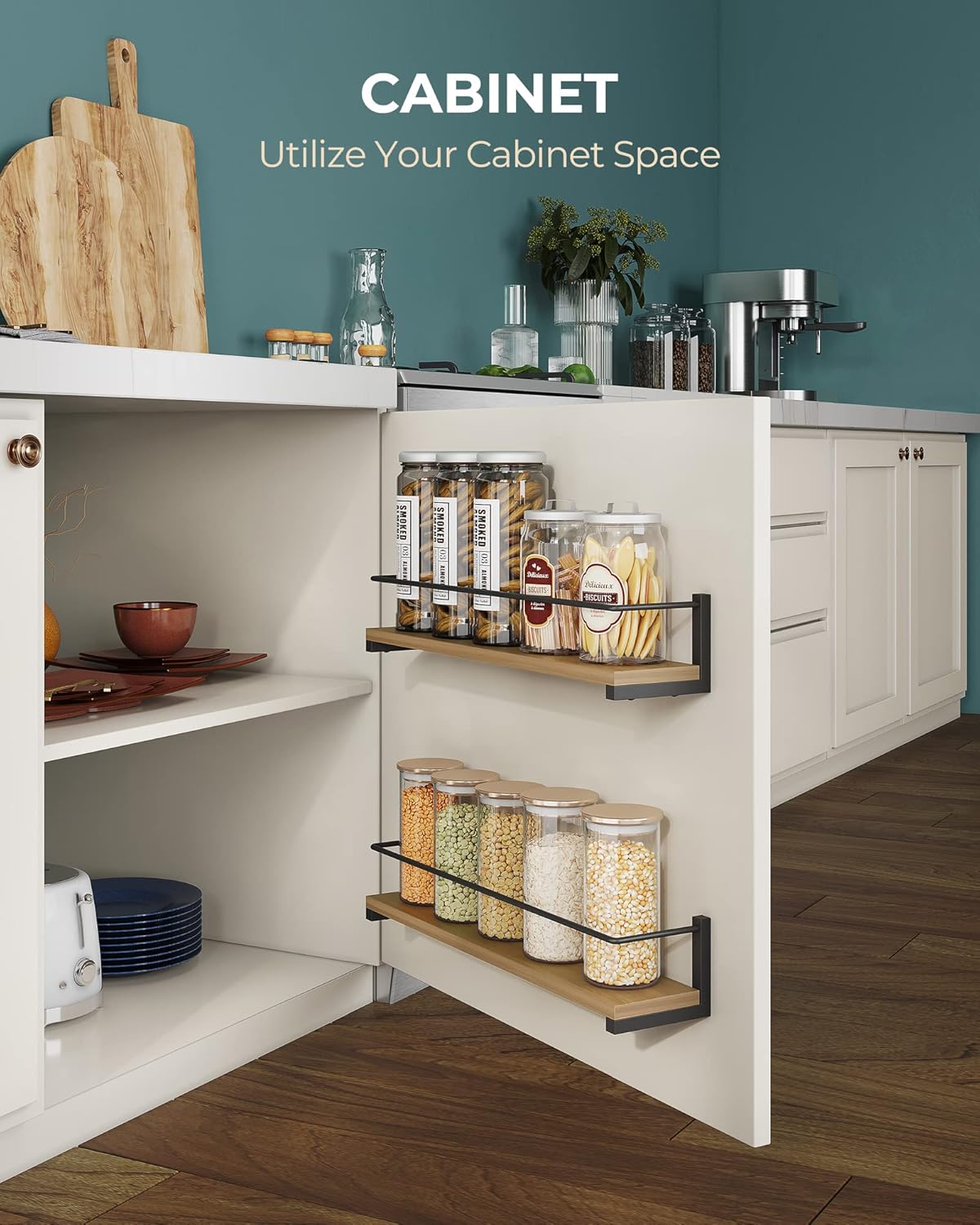 OROPY Spice Rack Wall Mounted, Rustic Wood Hanging Rack for Over The Stove, Kitchen Wall, 2 Pack