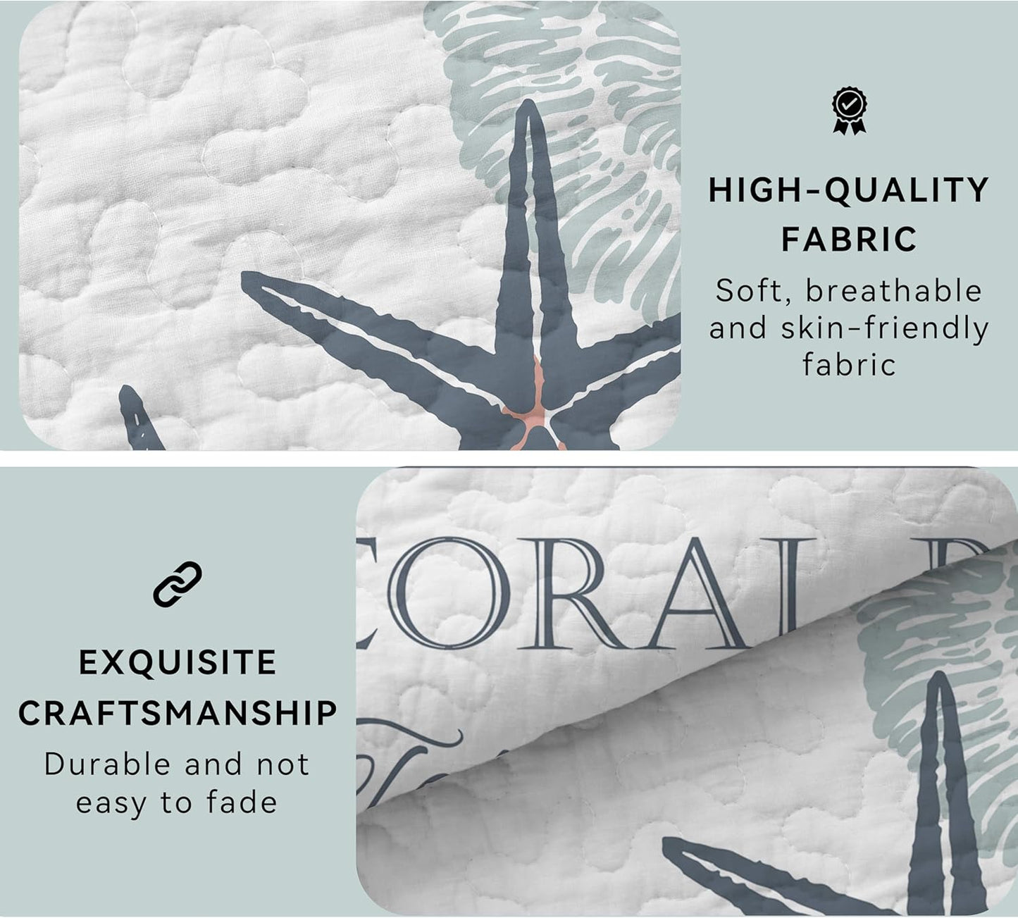 Coastal Bedding King Size 2 Shams, Nautical Beach Comforter Sets Ocean Bedspreads Coastal Coverlet Summer Bedding, 96''x106''