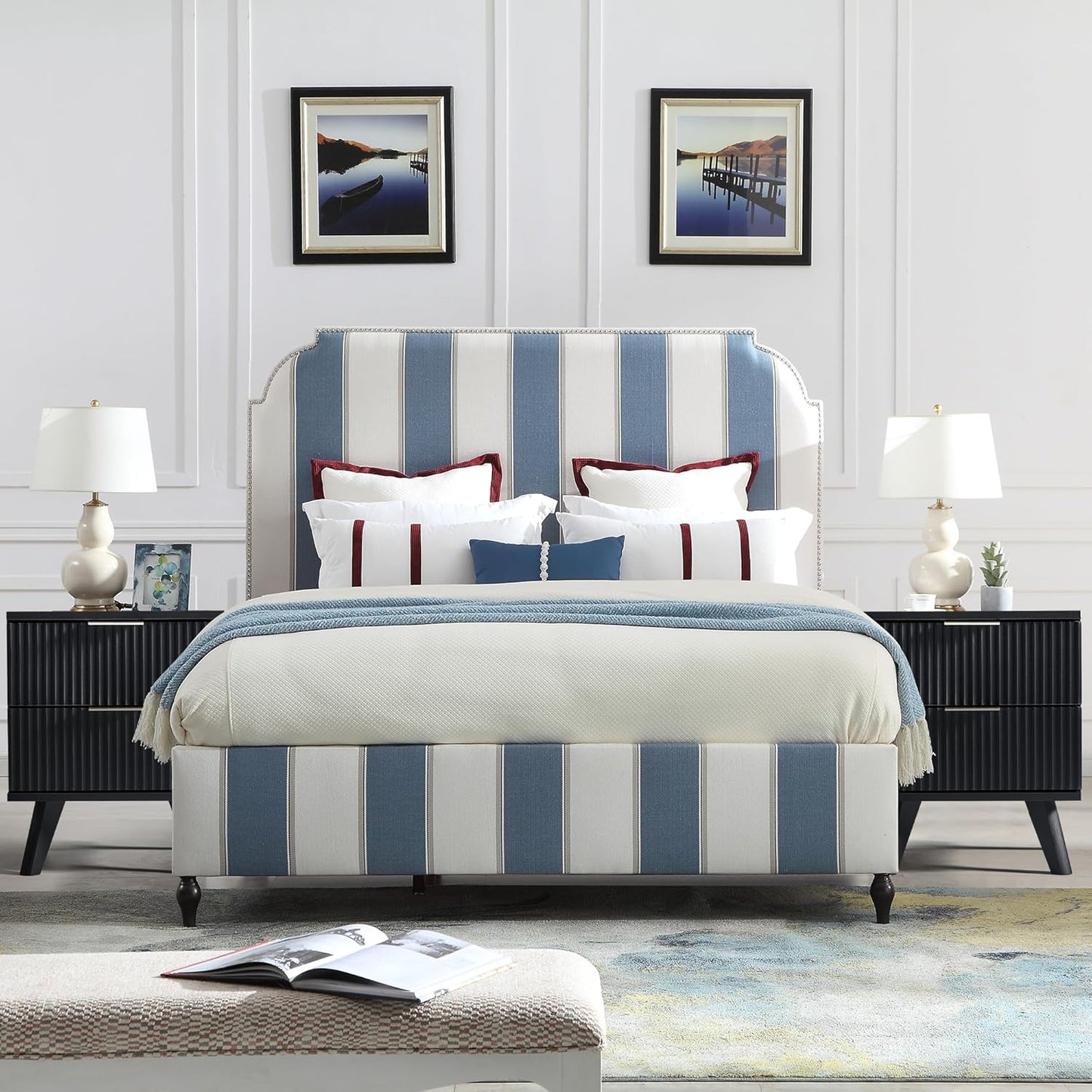 Fluted Nightstand, Mid Century Modern 2 Drawer Bedside Table for Bedroom, Small Dresser Night Stand Side Table End Tables with Wood Drawer Storage for Bedroom Closet(Black)