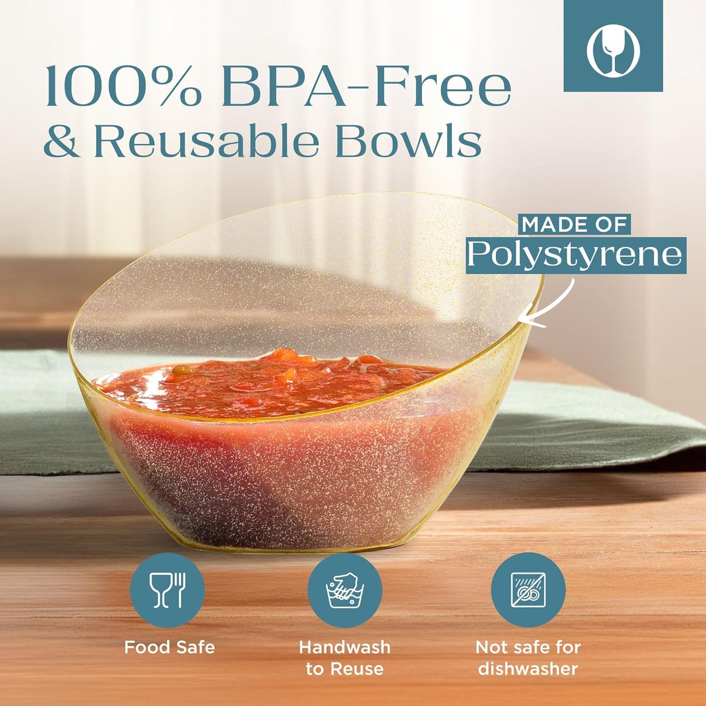 Posh Setting Gold Plastic Serving Bowls - Angled, Disposable for Chips, Candy, Salad, Fruit - Wedding and Party Table - Gold Glitter, 8 OZ, 5 Pack