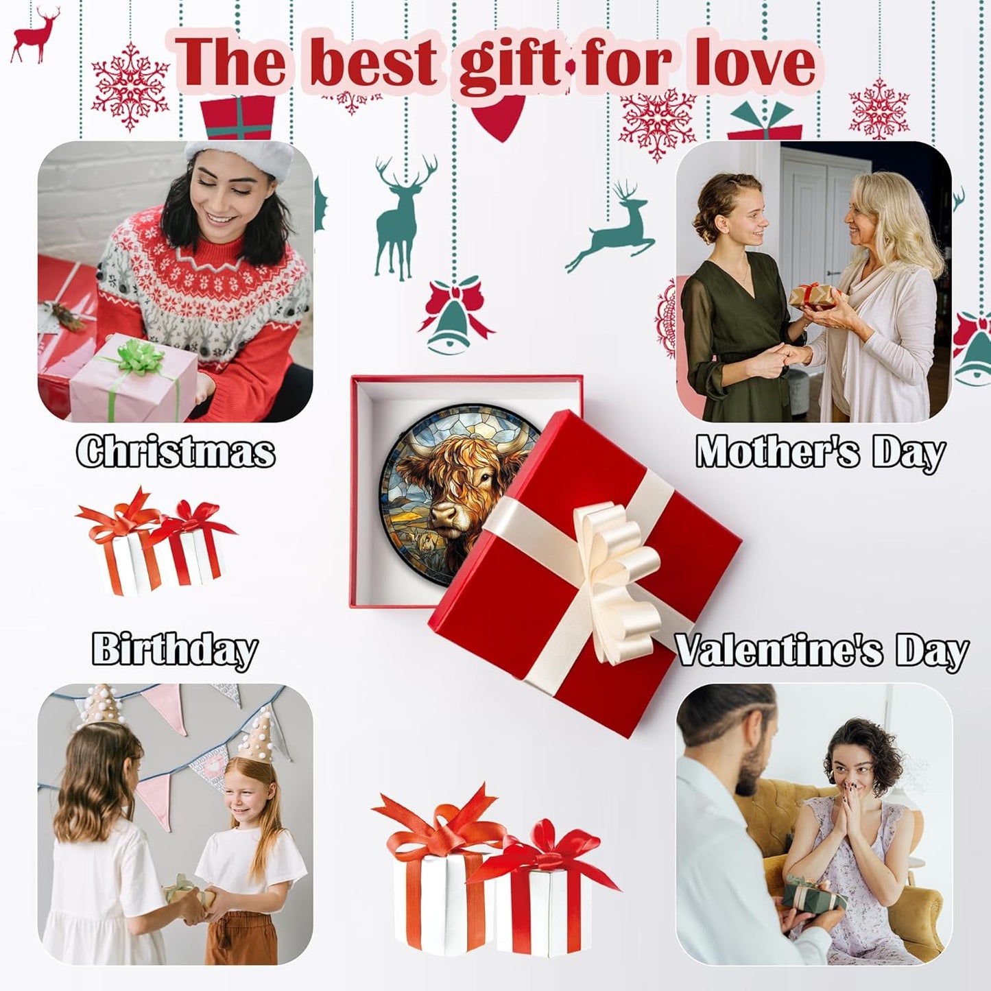 Stained Glass Window Hanging - Funny Cow Flower Suncatcher Ready to Hang Window Doors Home Decoration and Christmas, Mother's Day Birthday Gifts for Women, Men, and Mom 11.8x11.8 in