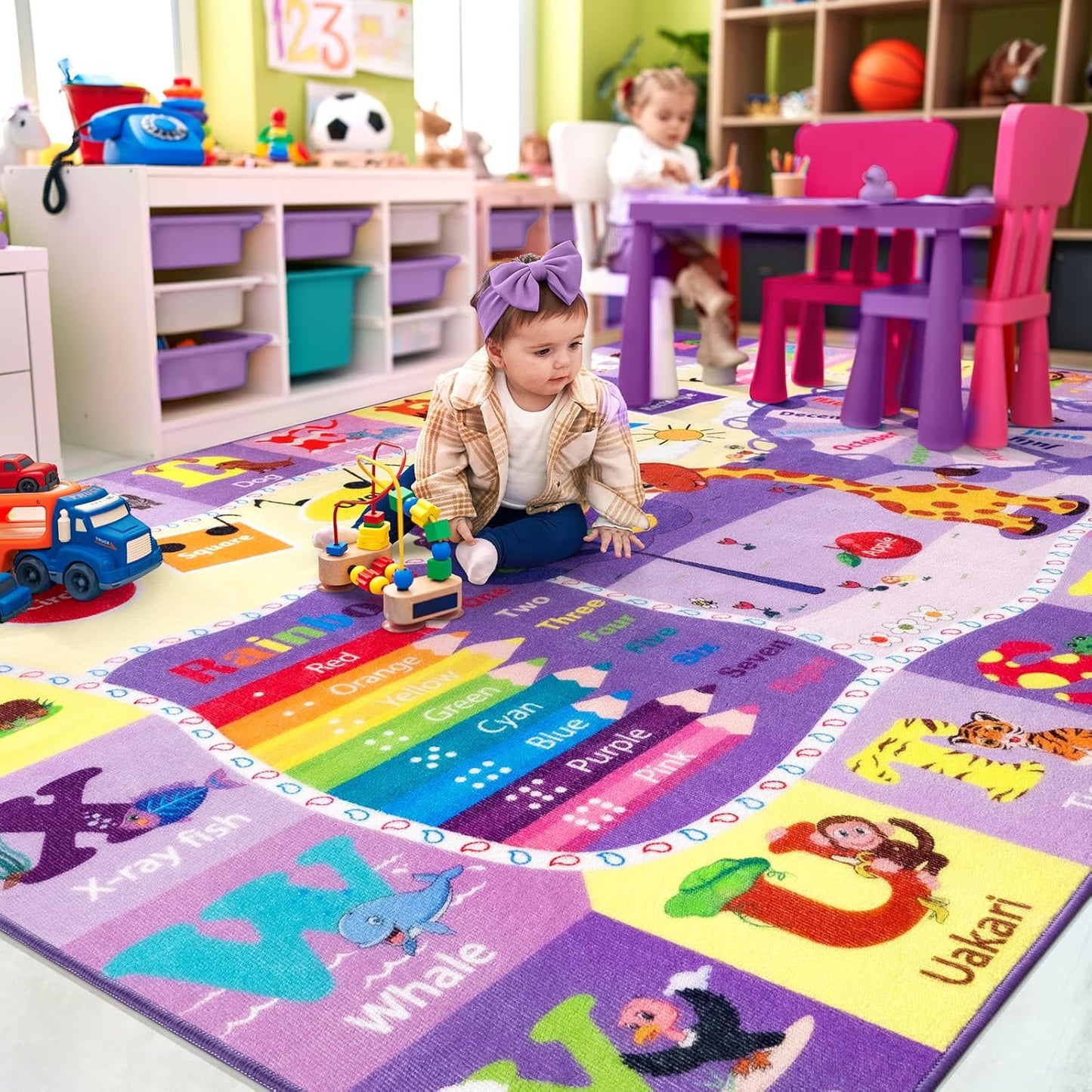 Kids Rugs for Playroom Bedroom Classroom Nursery, Non-Slip and Washable Rugs for Children Toddlers Girls, Educational and Fun Rug Carpets with ABC Alphabet Animals Shapes, 3x5, Purple