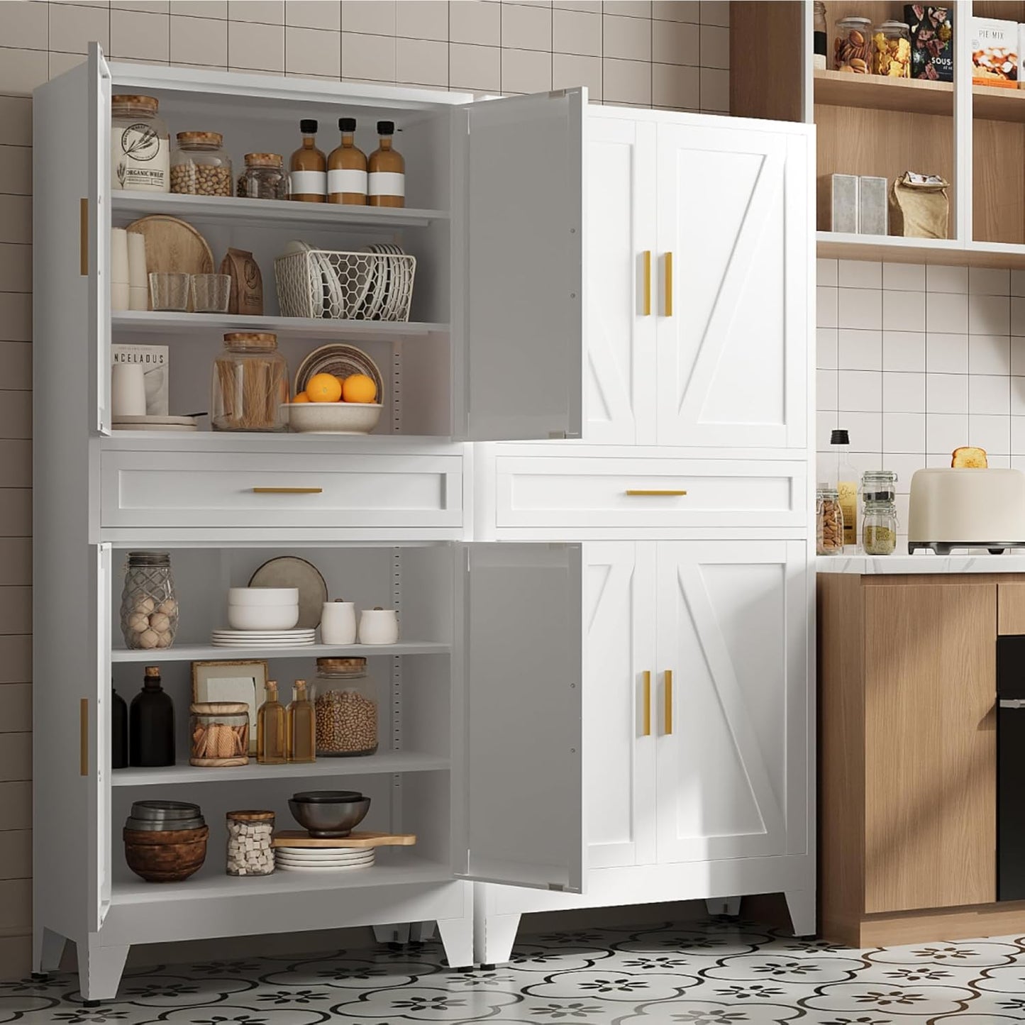 71 "Farmhouse Metal Filing Cabinet with a Drawer and 4 Adjustable Shelves, with 4 Large barn Door White Kitchen Cabinets, Metal Food Cabinets for Home, Kitchen, Dining/Living Room (White)