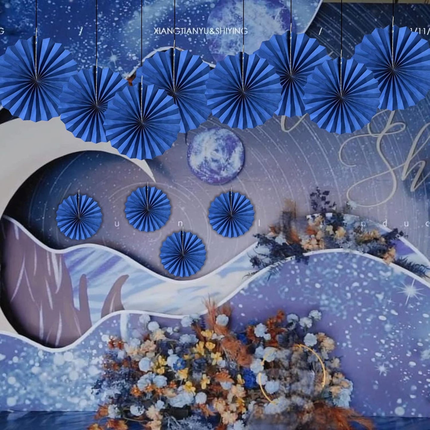 HQZ Blue Party Hanging Fans DIY Set - 12pcs Paper Fans, Pinwheels, Craft for Wedding, Birthday, Christmas Party Decoration