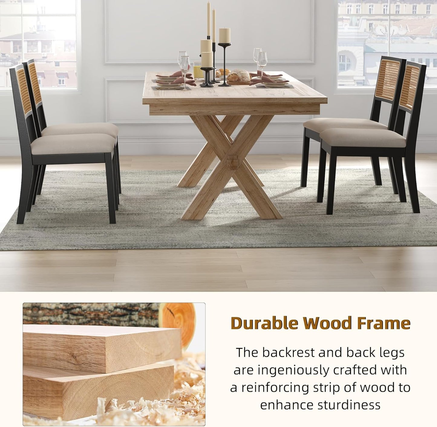 Westice Rattan Dining Chairs Set of 4, Farmhouse Natural Dining Room Chairs with Upholstered Cushion, Wood Armless Chairs for Kitchen/Restaurant, Black