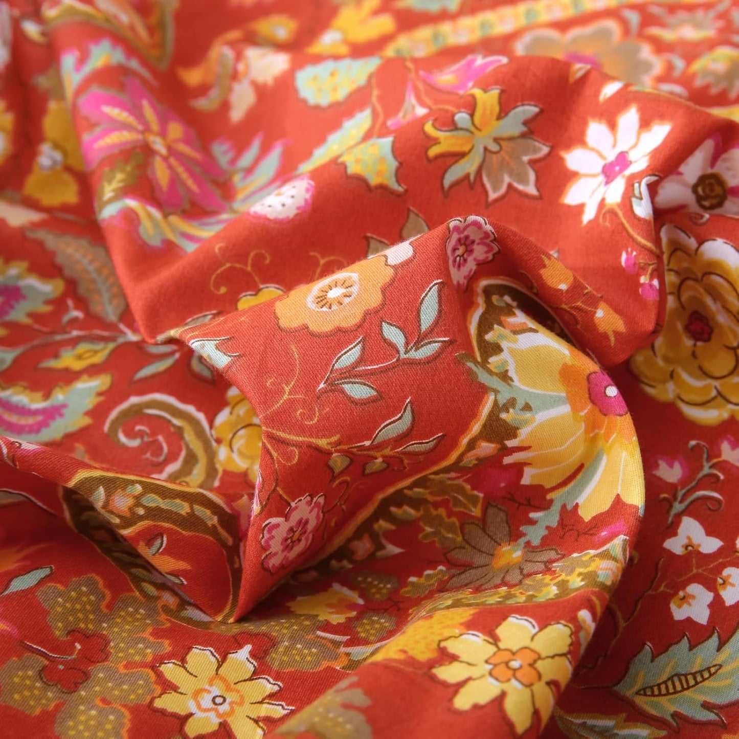 ABREEZE Paisley Bedding Sets 3Pcs Brushed Cotton Duvet Cover Set King Size Rustic Damask Red Floral Comforter Cover with Zipper Closure Boho Bedding Collections