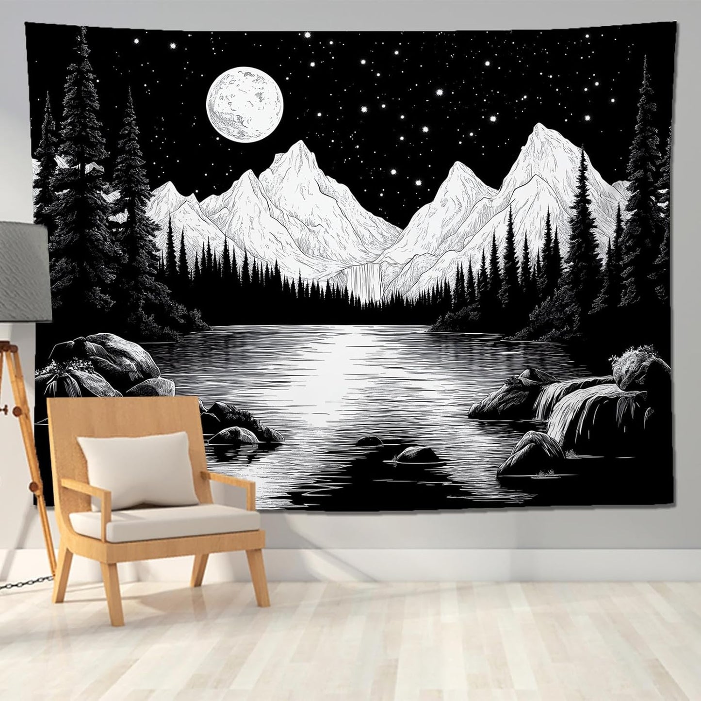 keowhsf Starry Night Mountain Lake Tapestry Black and White Tapestries Aesthetic Moon and Stars Wall Hanging Dark Nature Forest Tapestry for Bedroom Living Room Dorm Decor