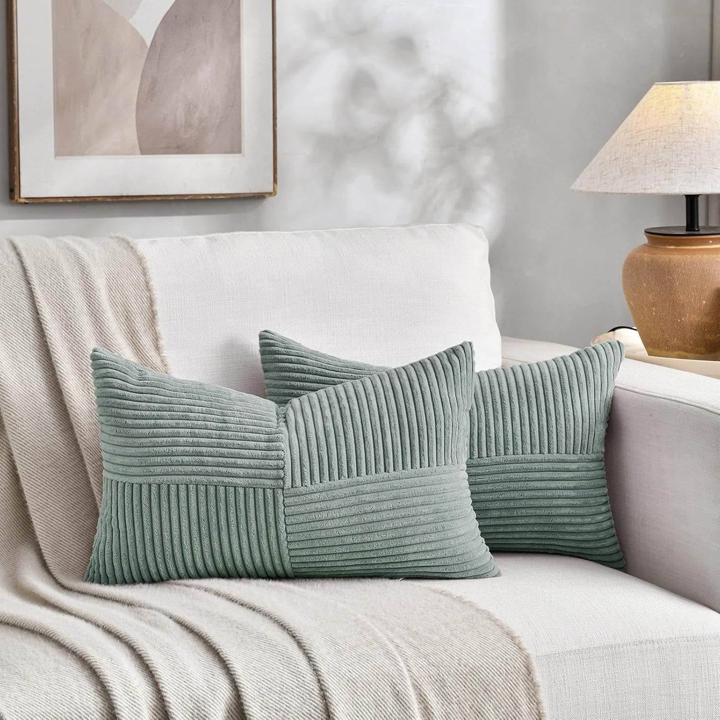 Fancy Homi 2 Packs Grey Blue Lumbar Decorative Throw Pillow Covers 14x24 Inch for Couch Bed Sofa, Rustic Farmhouse Boho Home Decor, Soft Striped Corduroy Rectangle Accent Cushion Case 35x60 cm